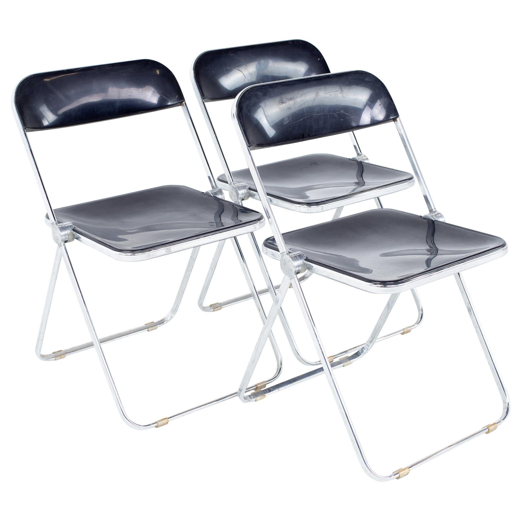 Giancarlo Piretti Anonima Castelli Style MCM Smoked Lucite Folding Chair Set 3 For Sale