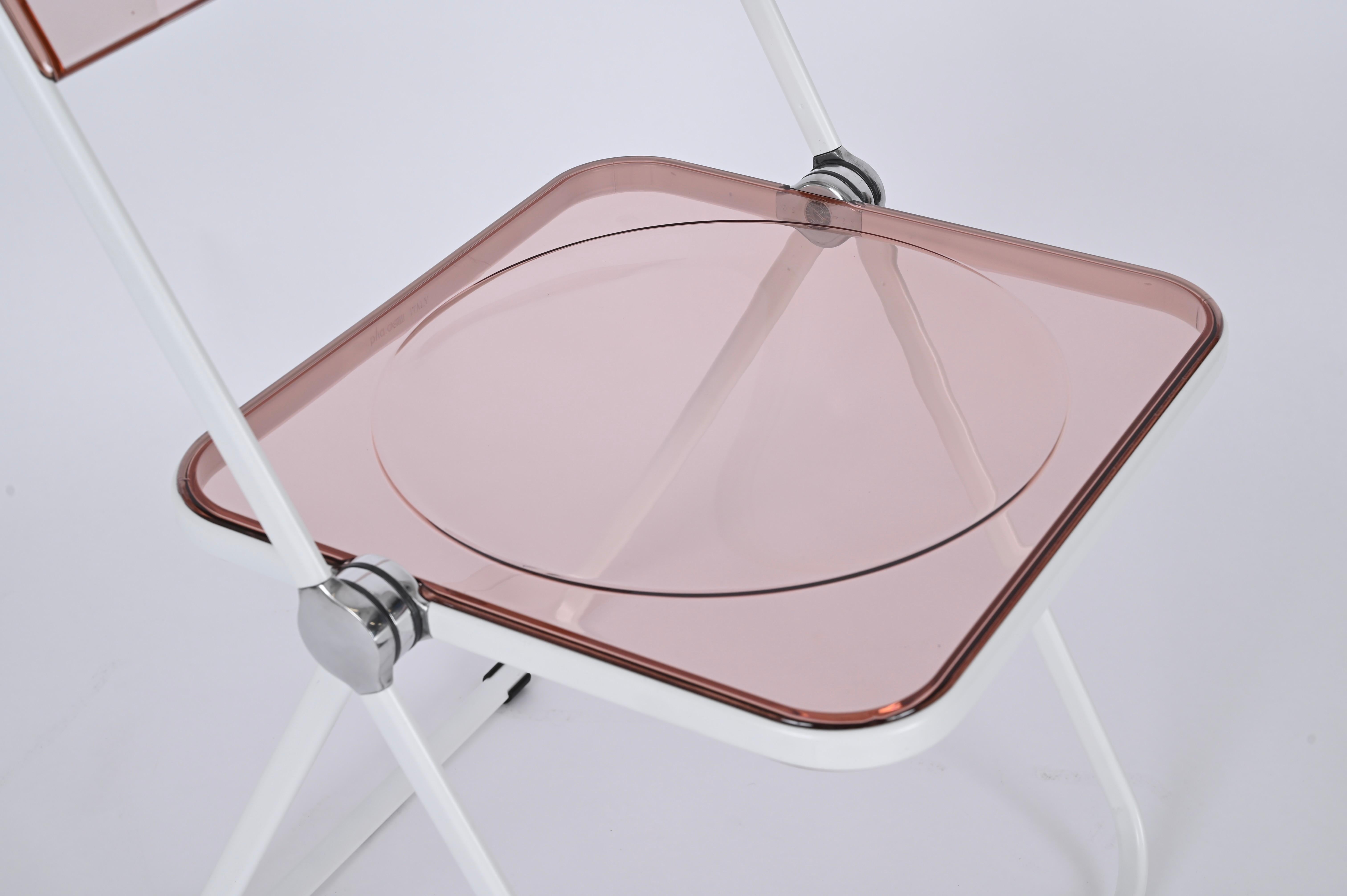 Giancarlo Piretti Lucite Pink and White Folding Plia Chairs for Castelli, 1970s For Sale 8
