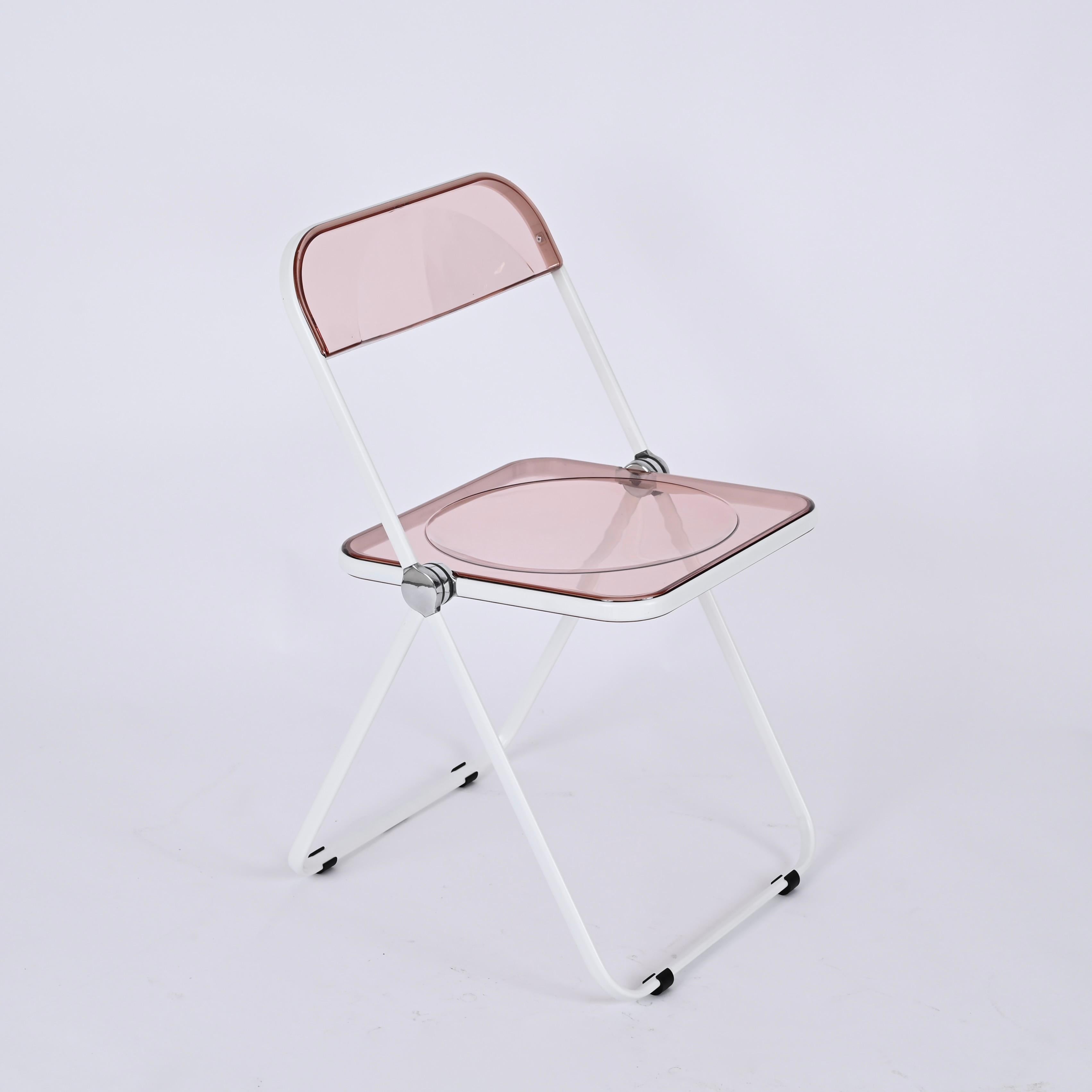 Giancarlo Piretti Lucite Pink and White Folding Plia Chairs for Castelli, 1970s For Sale 1