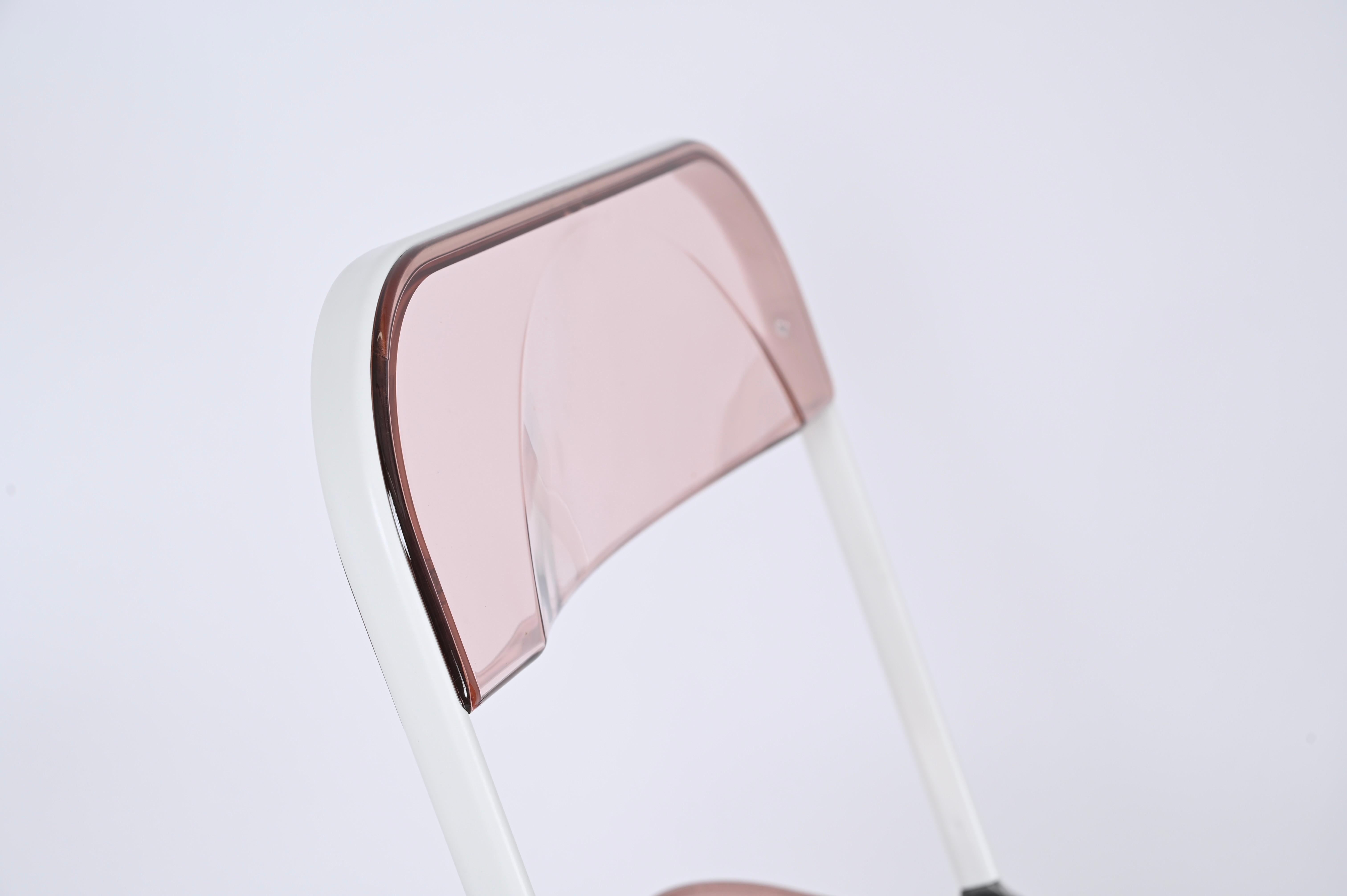 Giancarlo Piretti Lucite Pink and White Folding Plia Chairs for Castelli, 1970s For Sale 2