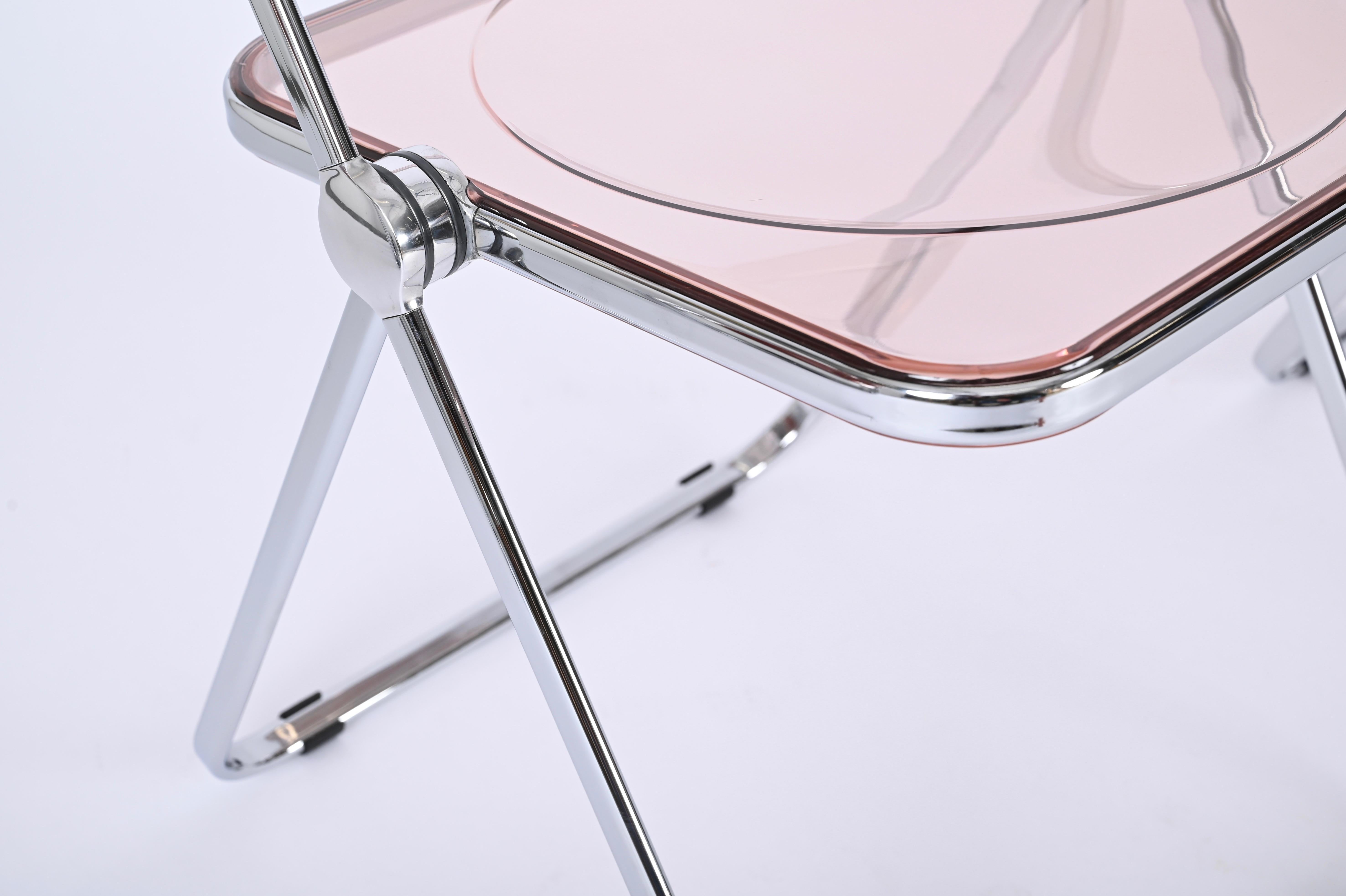 Set of 4 Lucite Pink and Chrome Plia Chairs, Piretti for Castelli, Italy 1970s For Sale 3