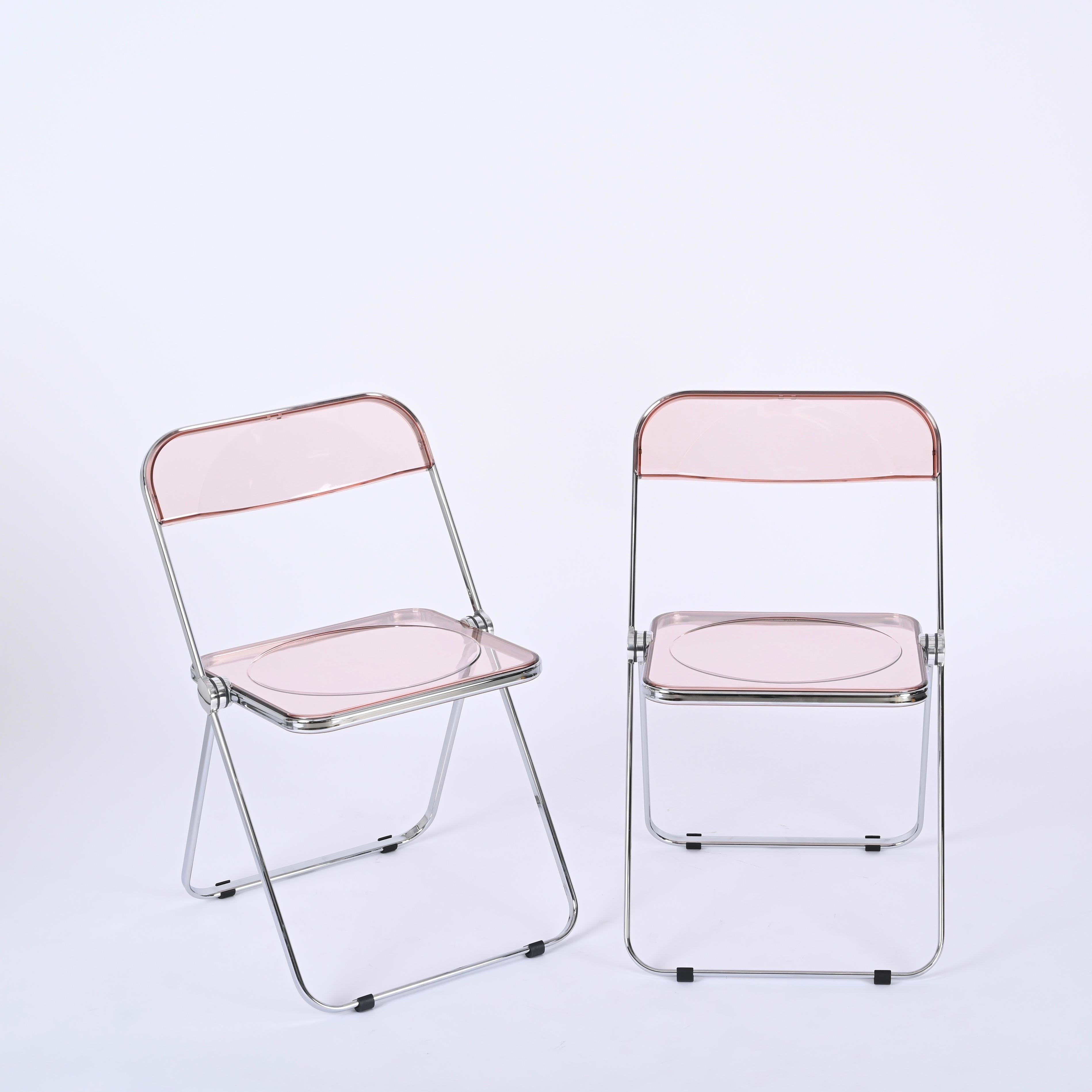 Ensemble de 6 chaises Plia rose lucite et chrome Piretti pour Castelli, Italie, années 1970 en vente 6