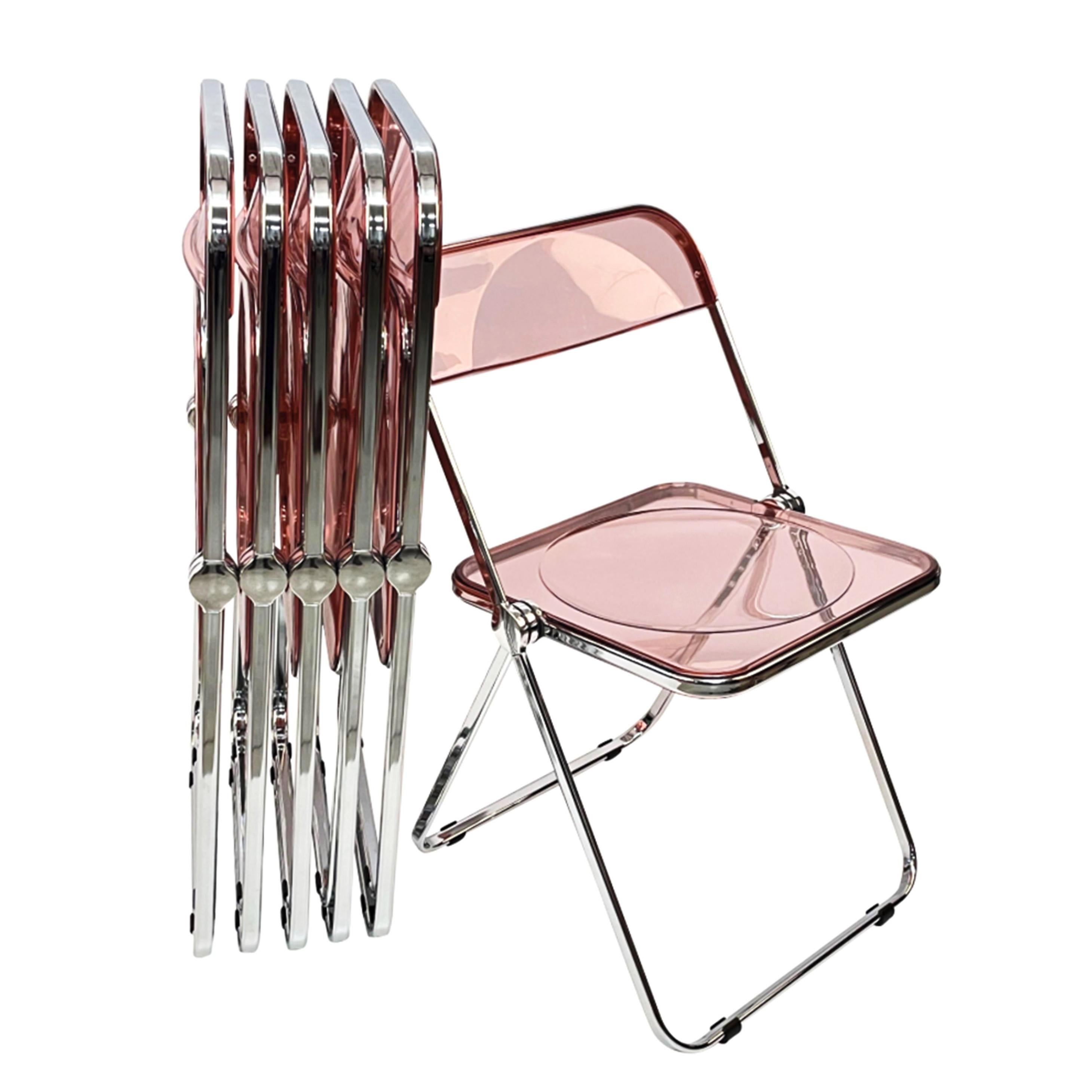 20th Century Set of 6 Lucite Pink and Chrome Plia Chairs, Piretti for Castelli, Italy 1970s For Sale