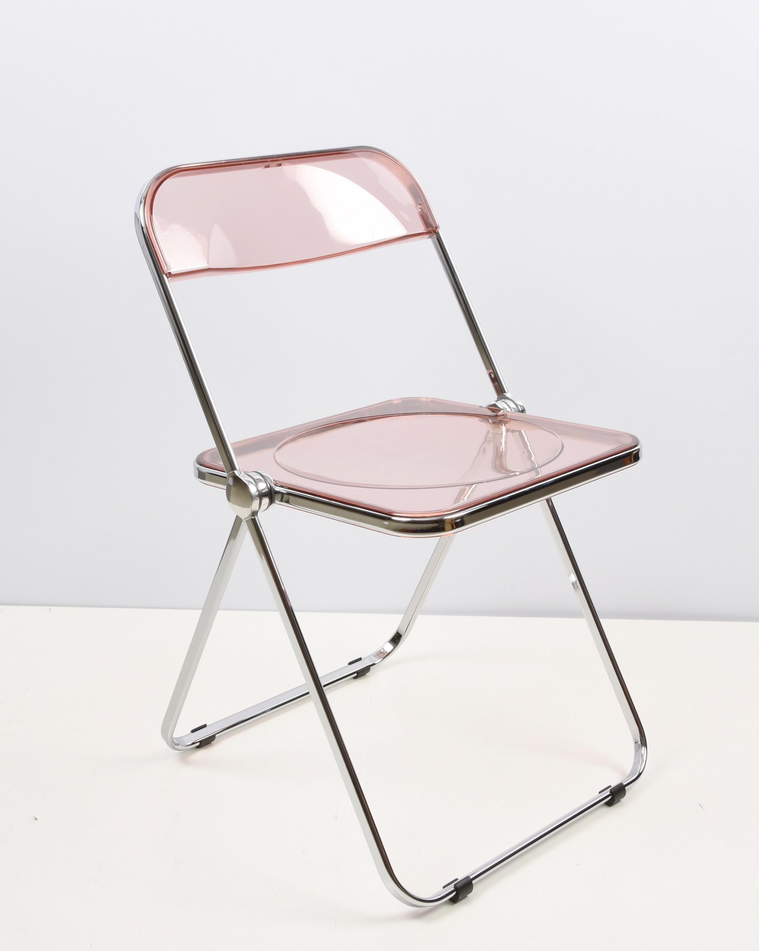 Acier Ensemble de 12 chaises Plia rose lucite et chrome Piretti pour Castelli, Italie, années 1970 en vente