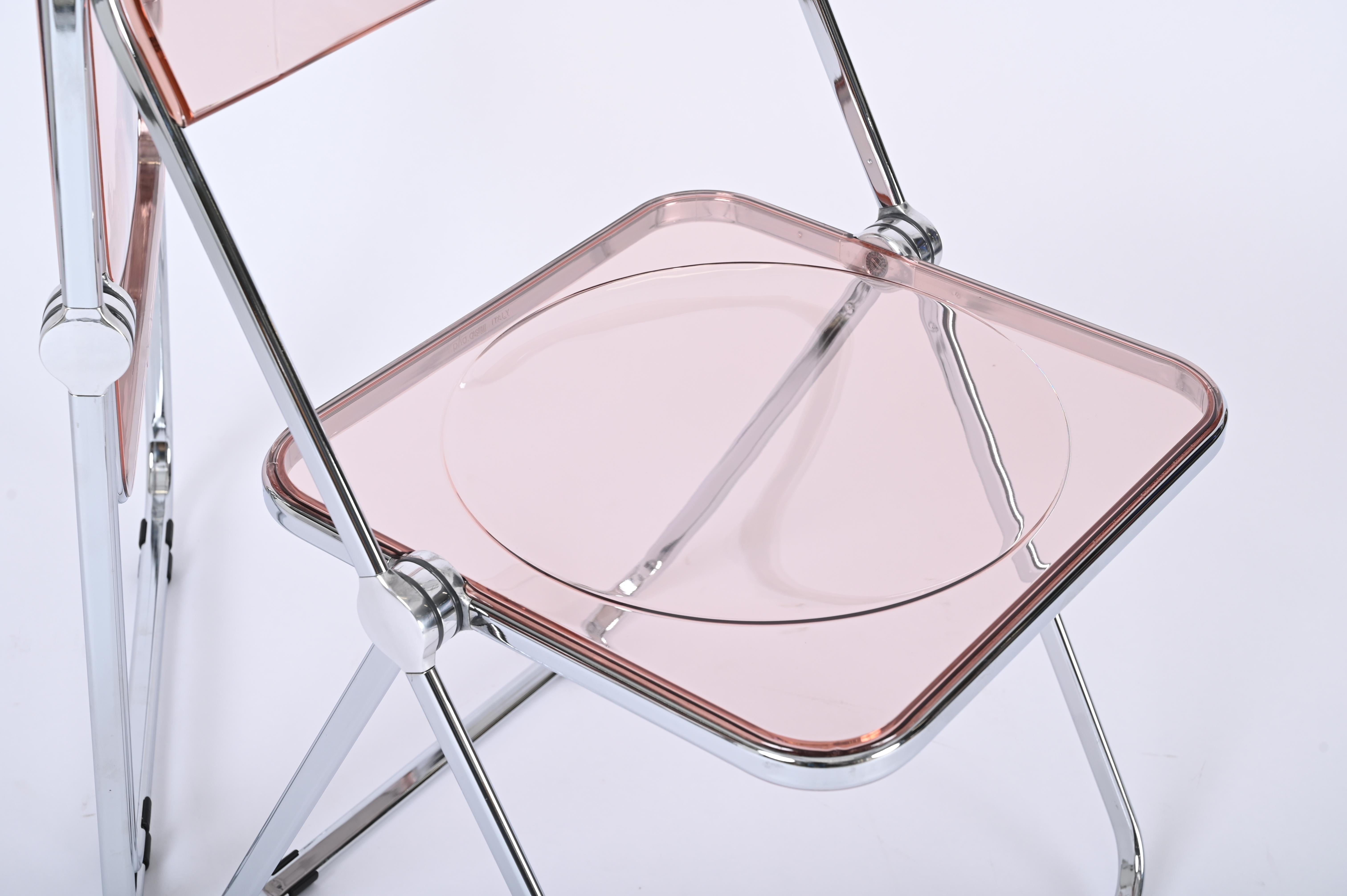 Mid-Century Modern Set of 6 Lucite Pink and Chrome Plia Chairs, Piretti for Castelli, Italy 1970s For Sale