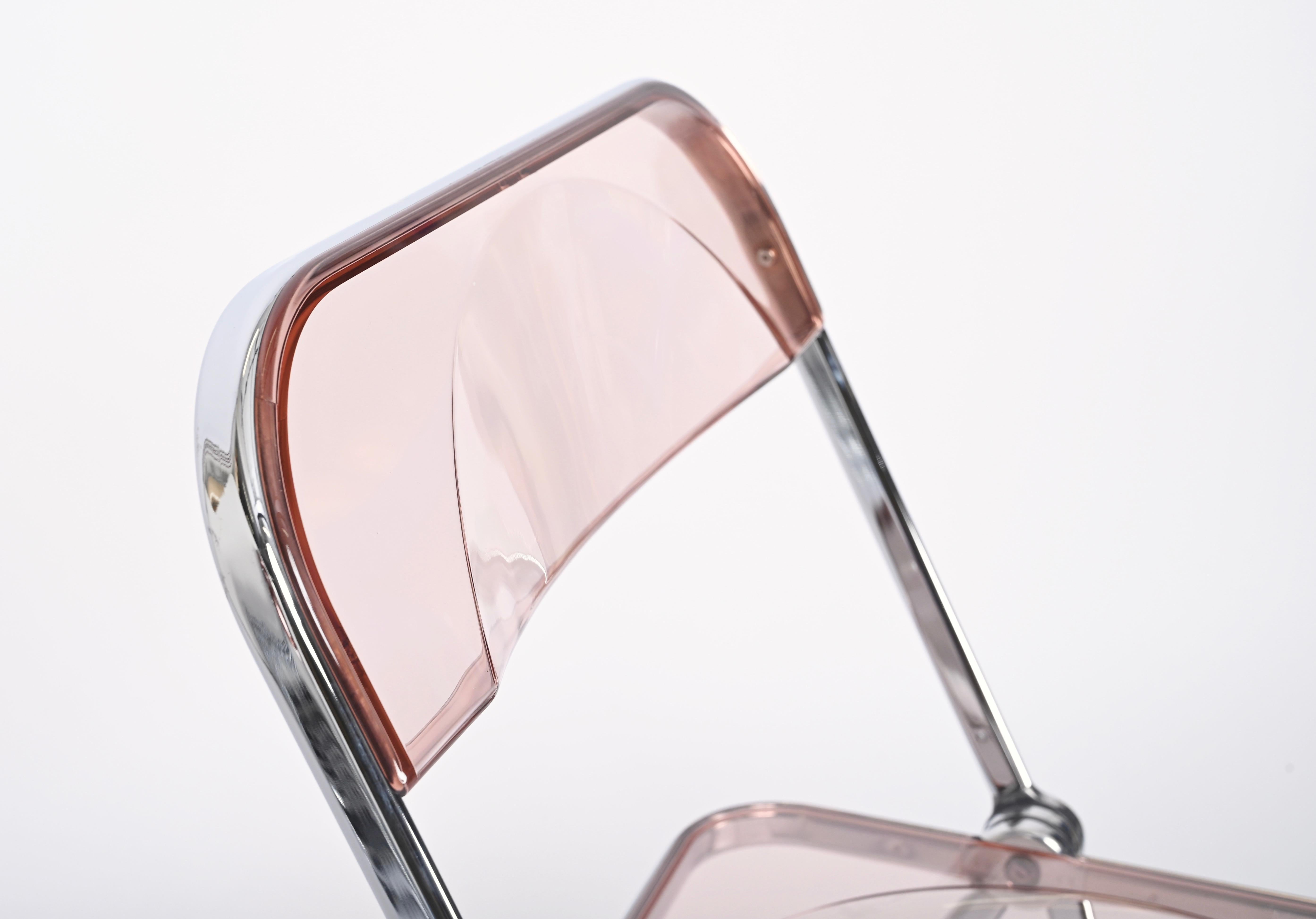 Italian Set of 6 Lucite Pink and Chrome Plia Chairs, Piretti for Castelli, Italy 1970s For Sale