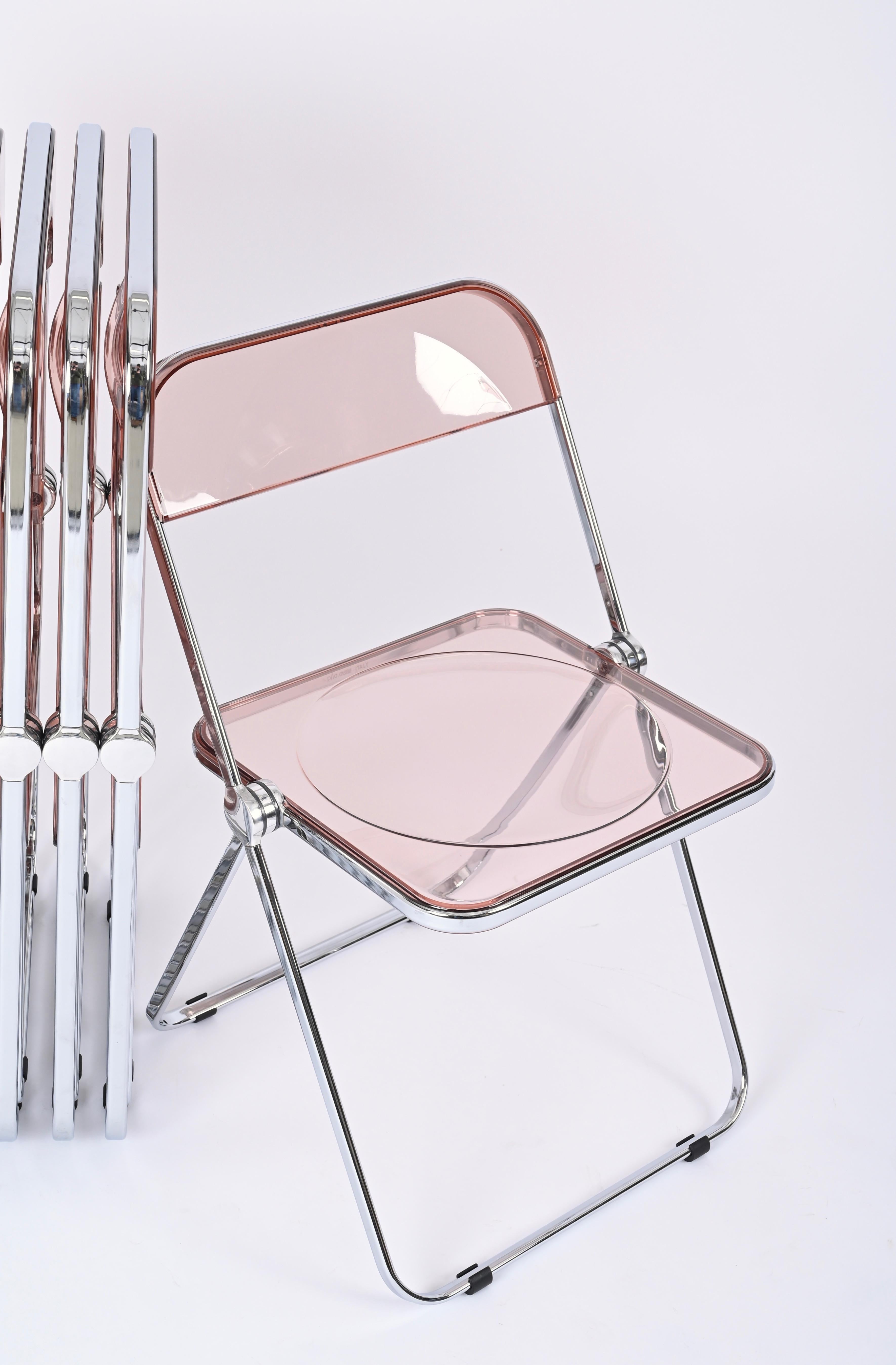 Acier Ensemble de 4 chaises Plia rose lucite et chrome Piretti pour Castelli, Italie, années 1970 en vente