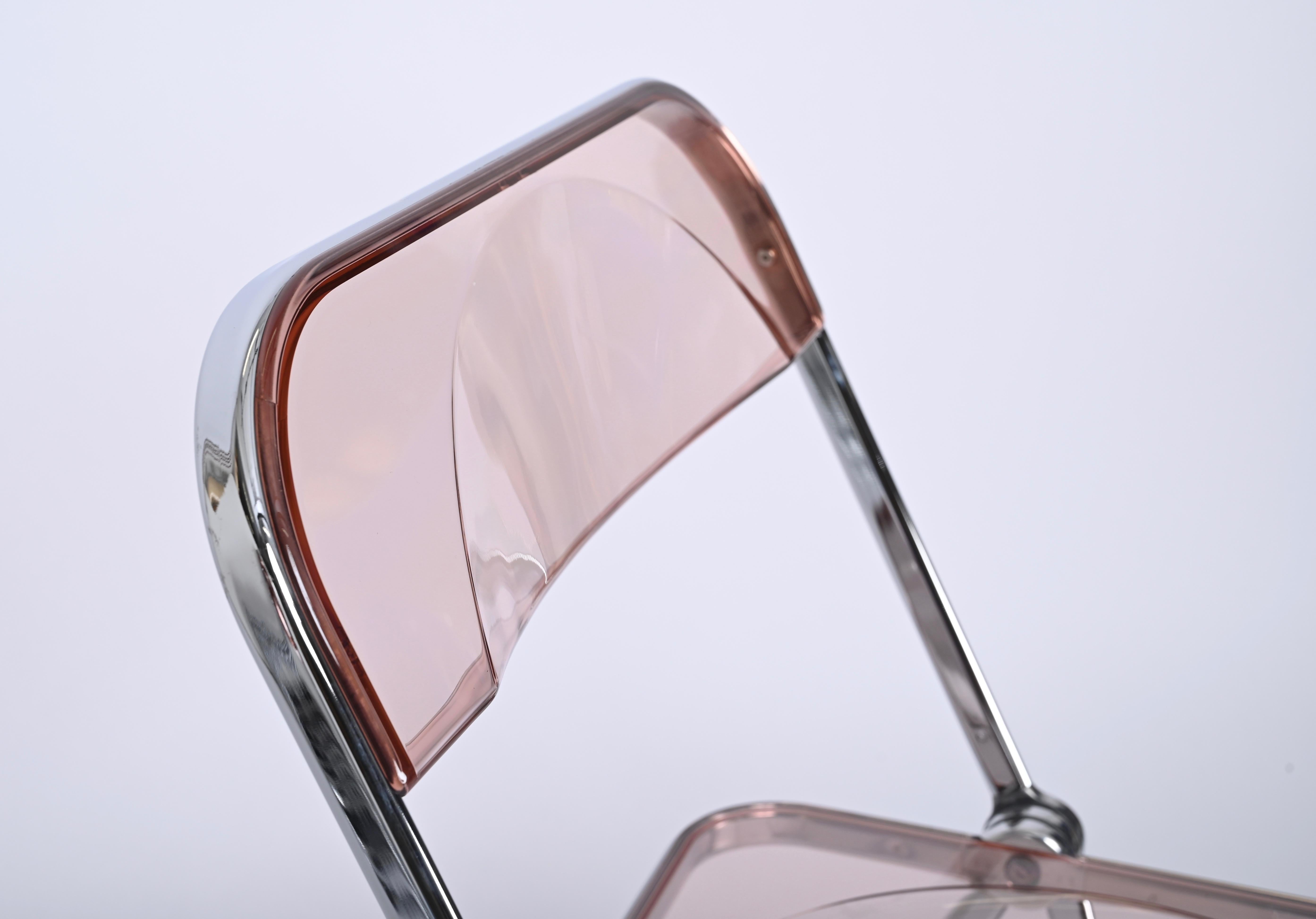Set of 4 Lucite Pink and Chrome Plia Chairs, Piretti for Castelli, Italy 1970s For Sale 2