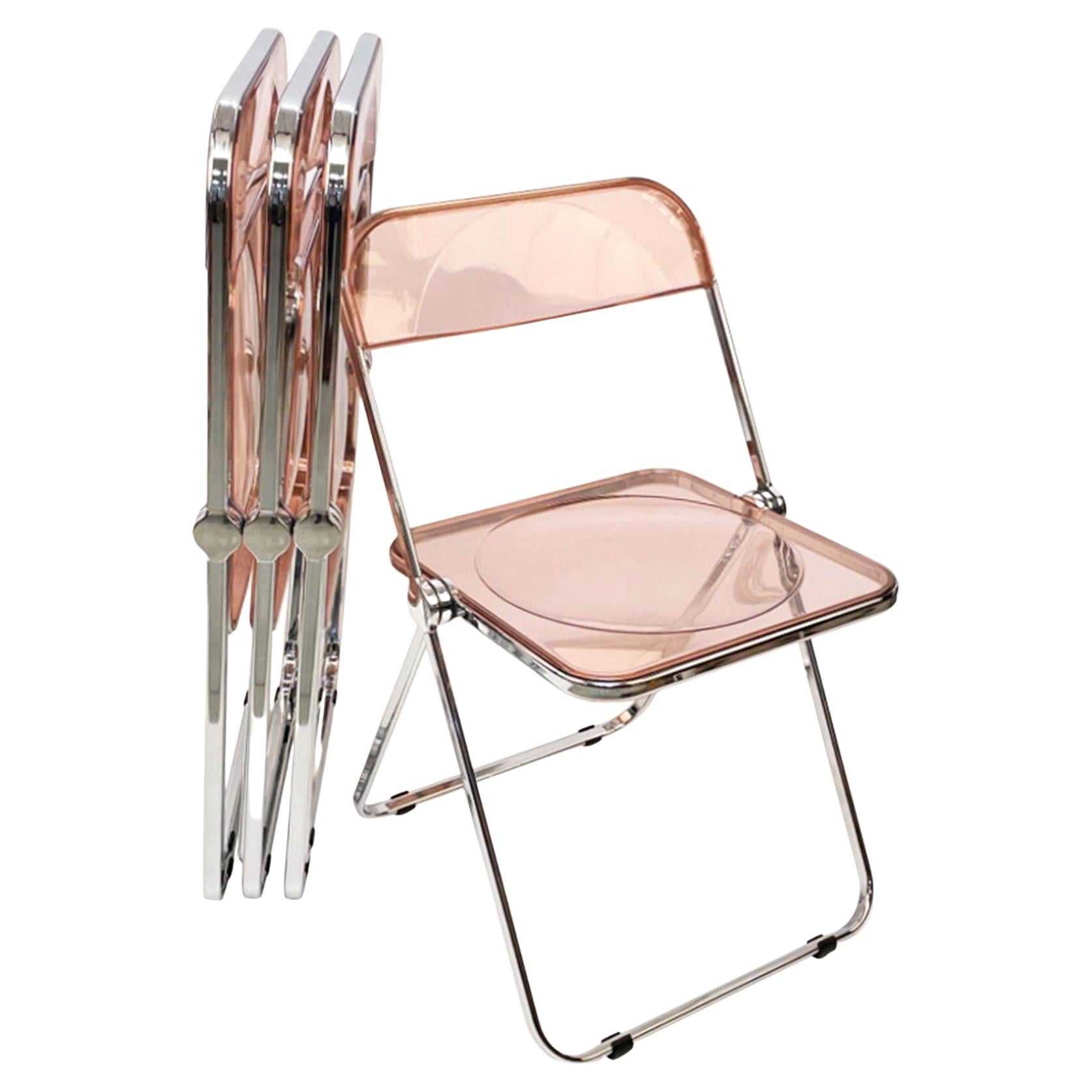 Giancarlo Piretti Lucite Pink Folding "Plia" Italian Chairs for Castelli, 1970s