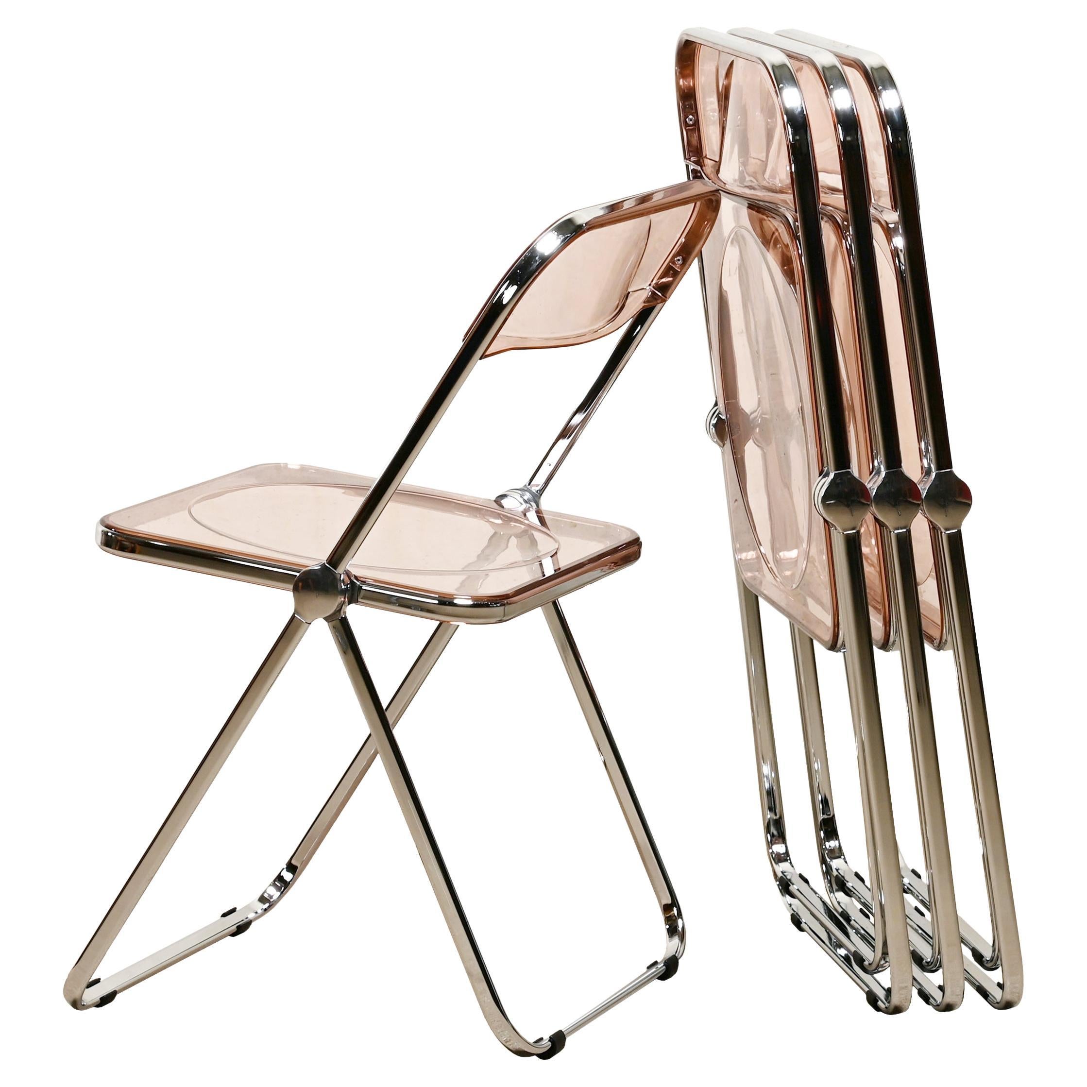 Giancarlo Piretti Plia Set Folding Chairs in Lucite Pink and Chrome for Castelli For Sale