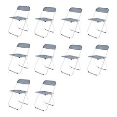 Giancarlo Piretti Plia Set of 10 Folding Chairs in Blue and Chrome for Castelli