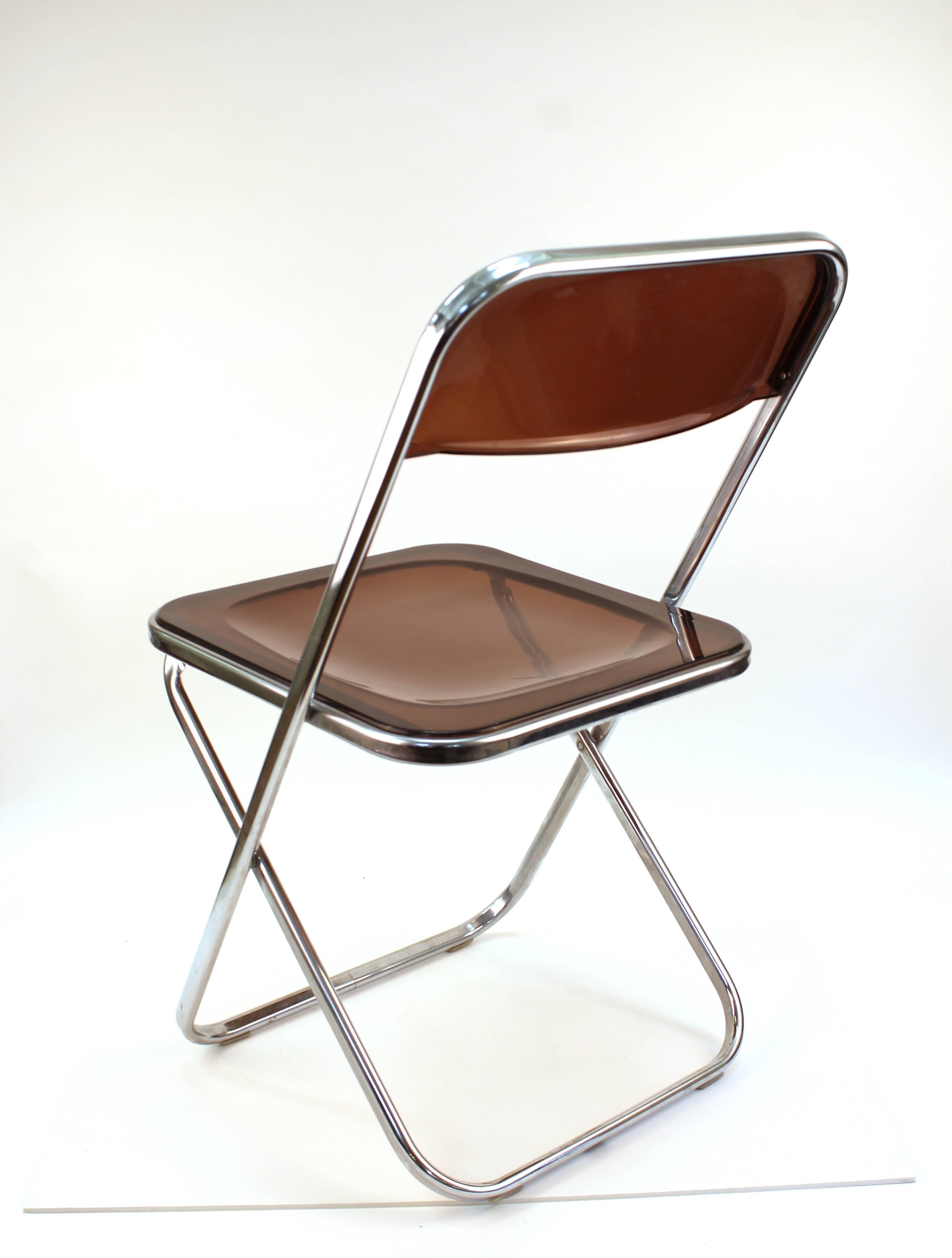 Italian Giancarlo Piretti Plia Style Folding Chairs in Smoked Lucite