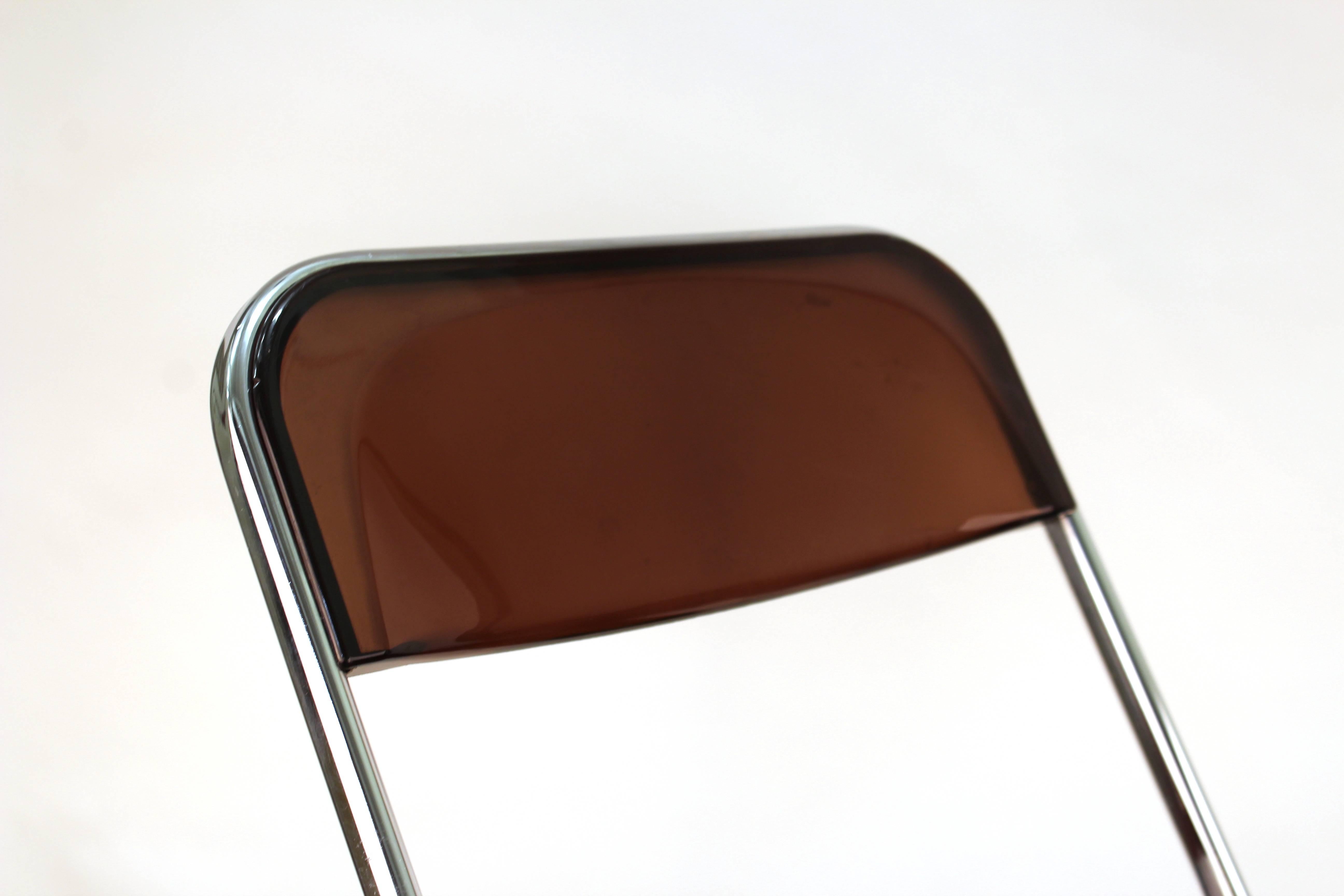 Chrome Giancarlo Piretti Plia Style Folding Chairs in Smoked Lucite