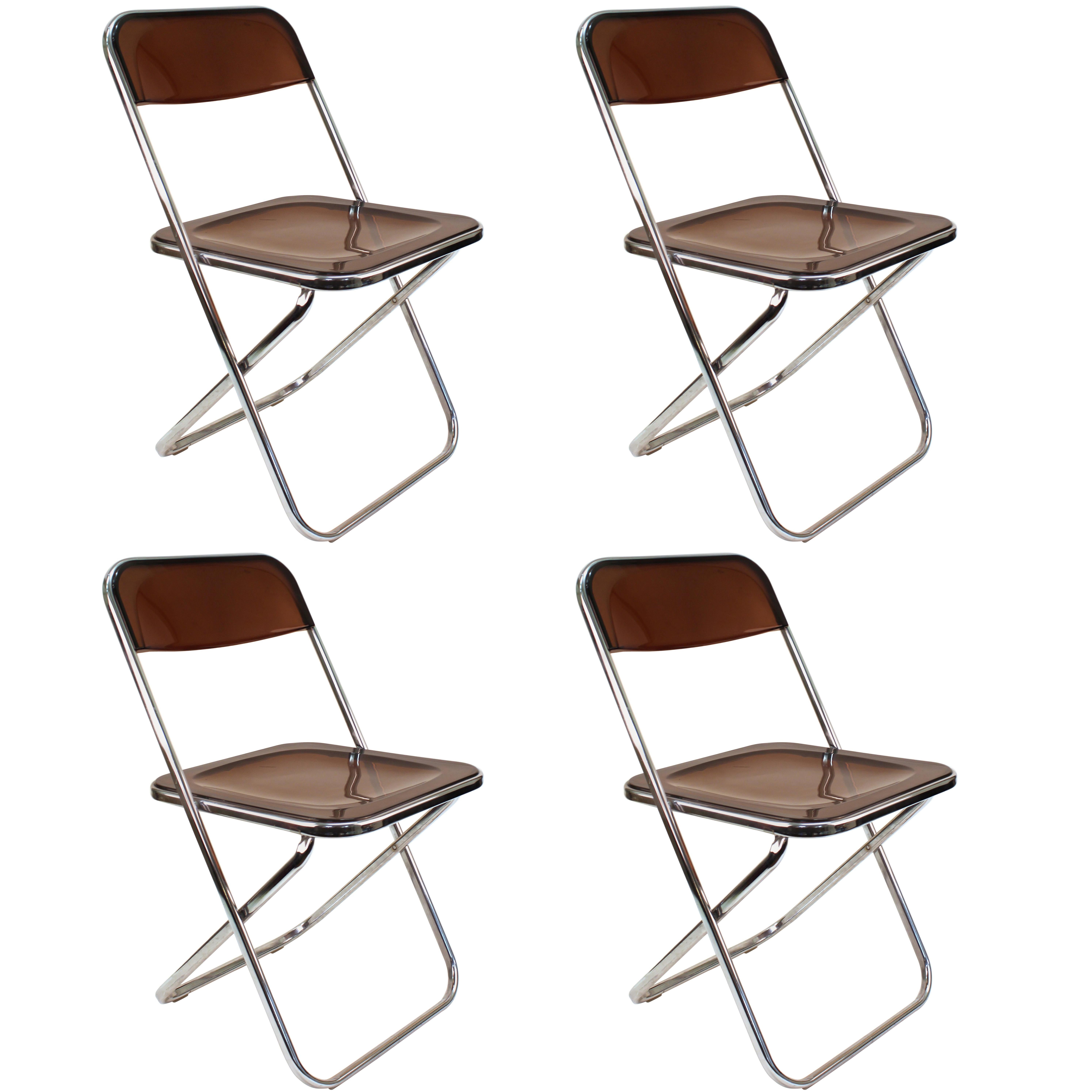 Giancarlo Piretti Plia Style Folding Chairs in Smoked Lucite
