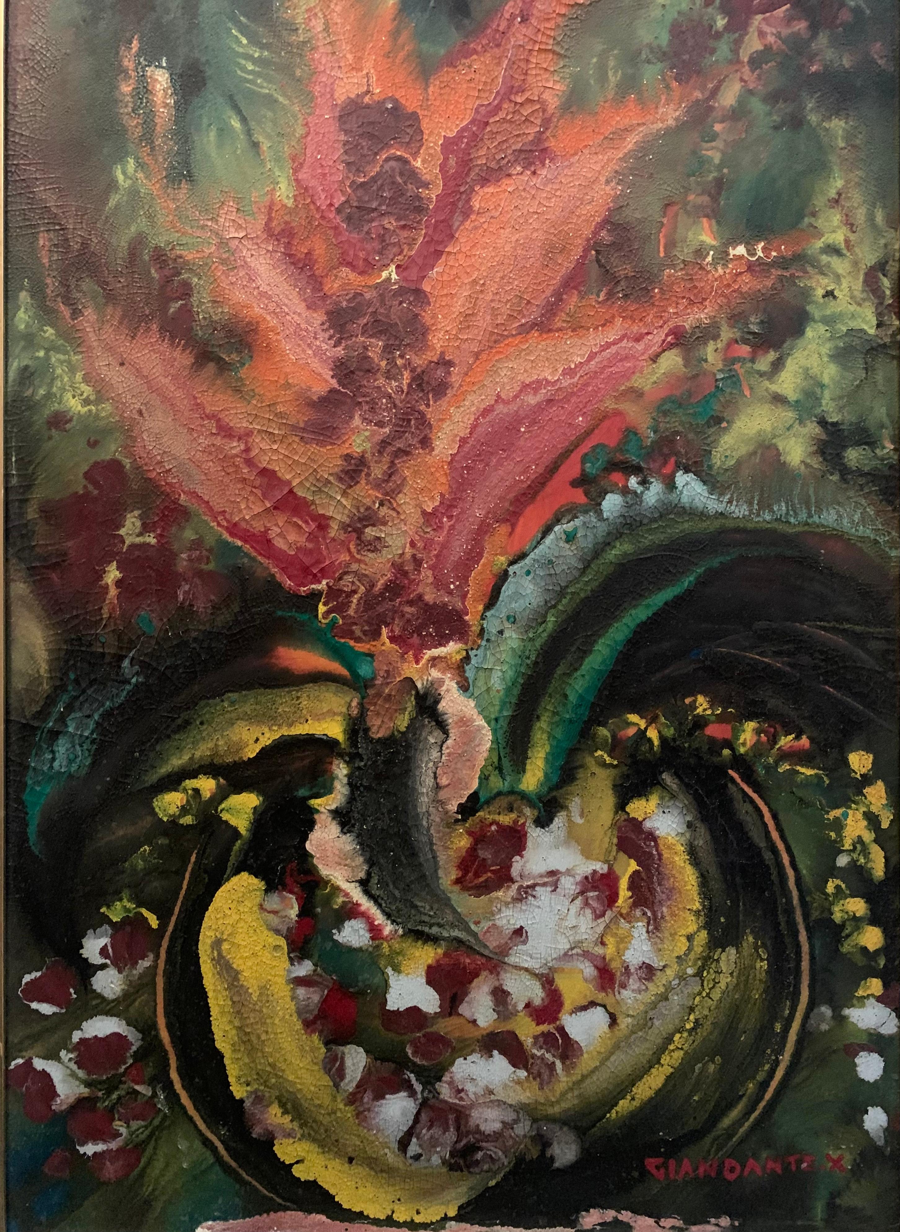 The Flowers: Guzmania. 
Circa 1963. 
Signed Giandante X, a painter born in Milan in 1899 and died in 1984. 

Milano. 
Measurements without the frame: 50 x 35 cm.
On the back is a photocopy of the exhibition label that accompanied the painting in the