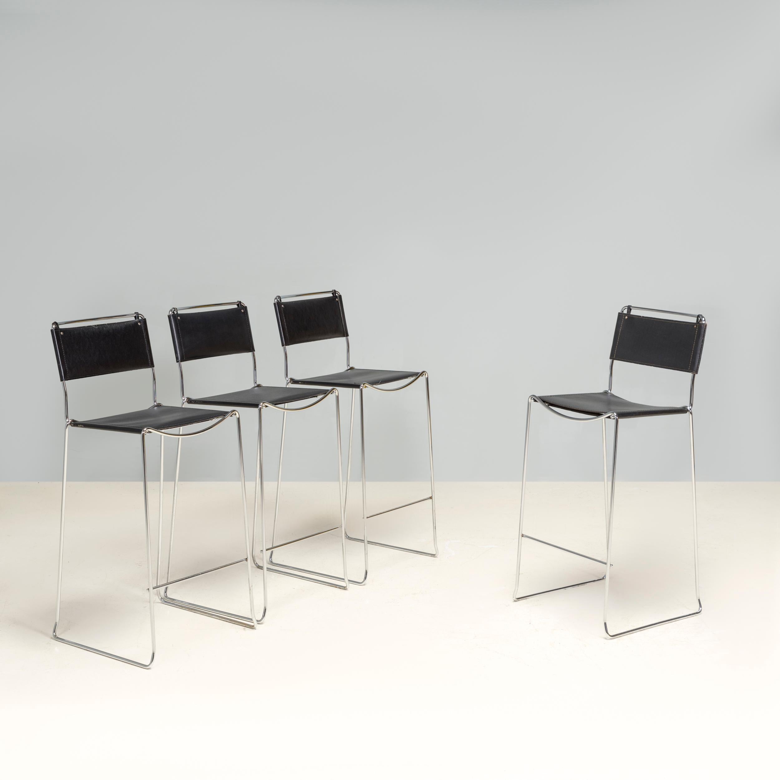 Alias was founded in 1979 by Giandomenico Belotti, Carlo Forcolini and Enrico Baleri and produced the iconic designs including the Spaghetti chair.

Featuring slimline polished steel frames, these stools have sled style legs with a cross bar