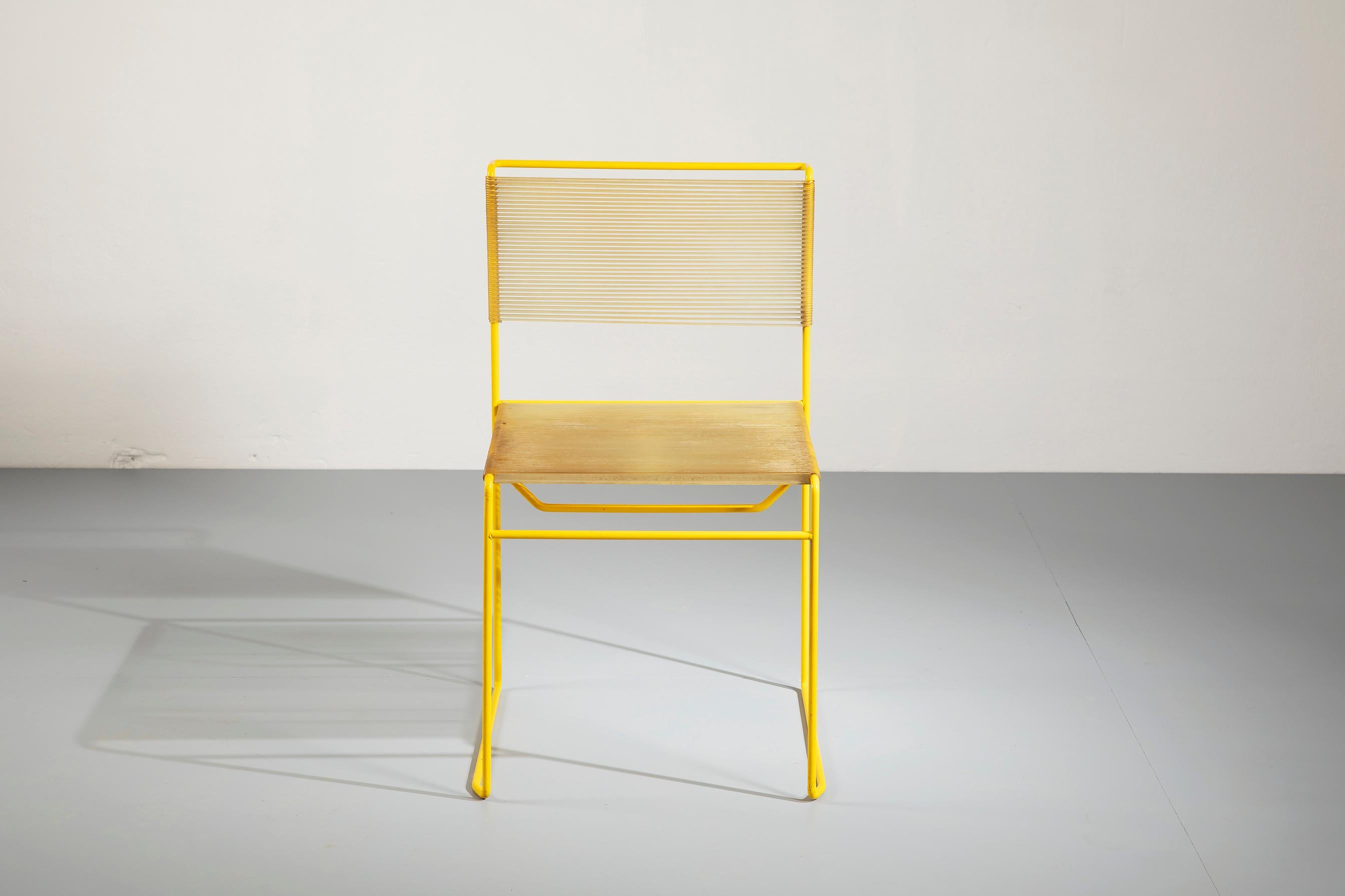 Lacquered Giandomenico Belotti Set of Four Yellow 'Spaghetti Chair' for Fly Line, 1970s For Sale