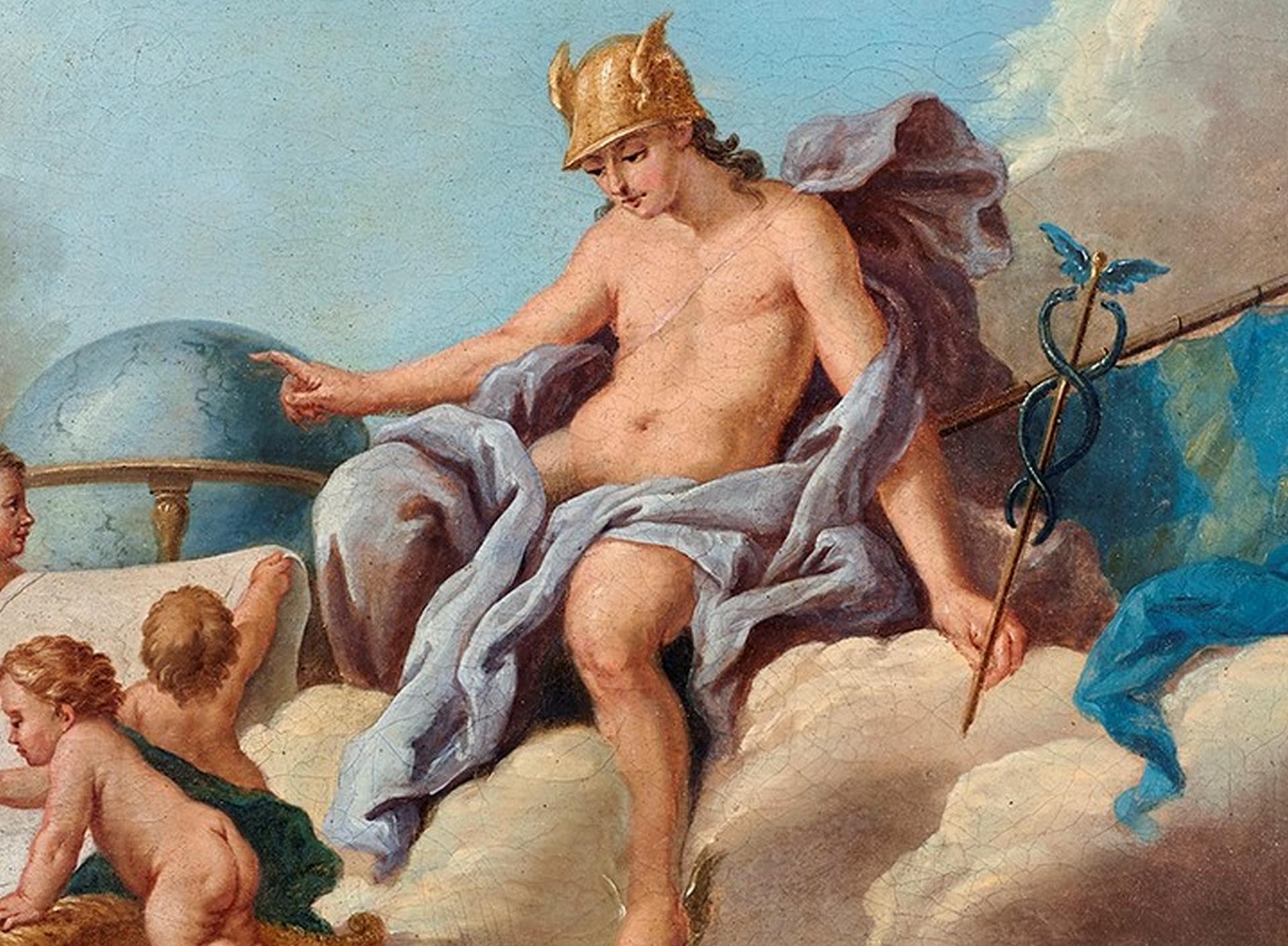 18. Jahrhundert  Allegorie Giandomenico Cignaroli Apollo Öl auf Leinwand Blau Weiß im Angebot 3