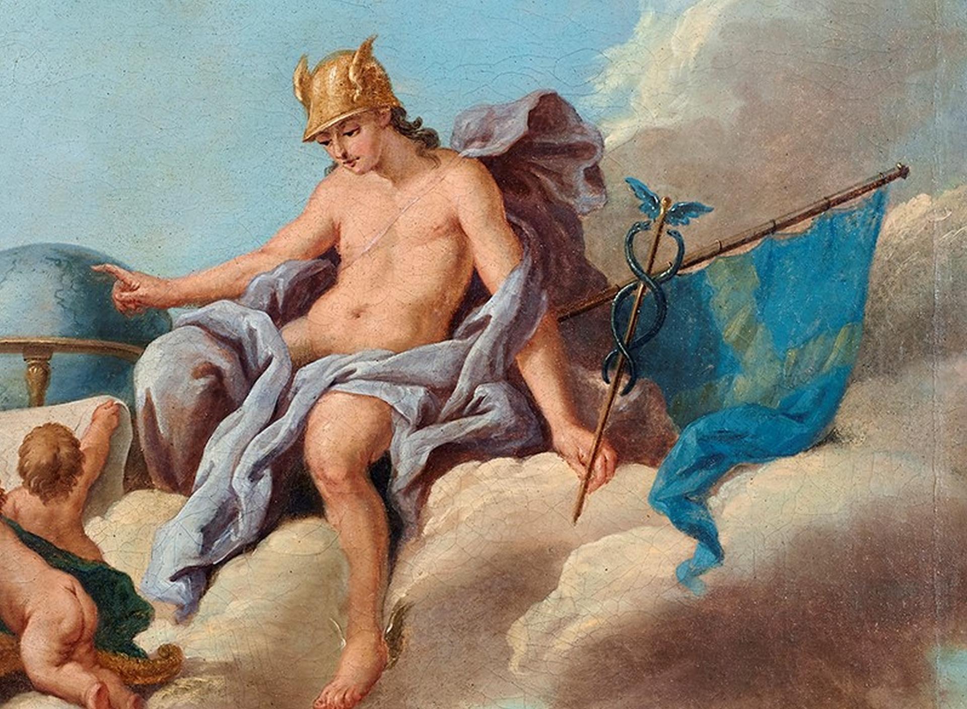 18. Jahrhundert  Allegorie Giandomenico Cignaroli Apollo Öl auf Leinwand Blau Weiß im Angebot 7