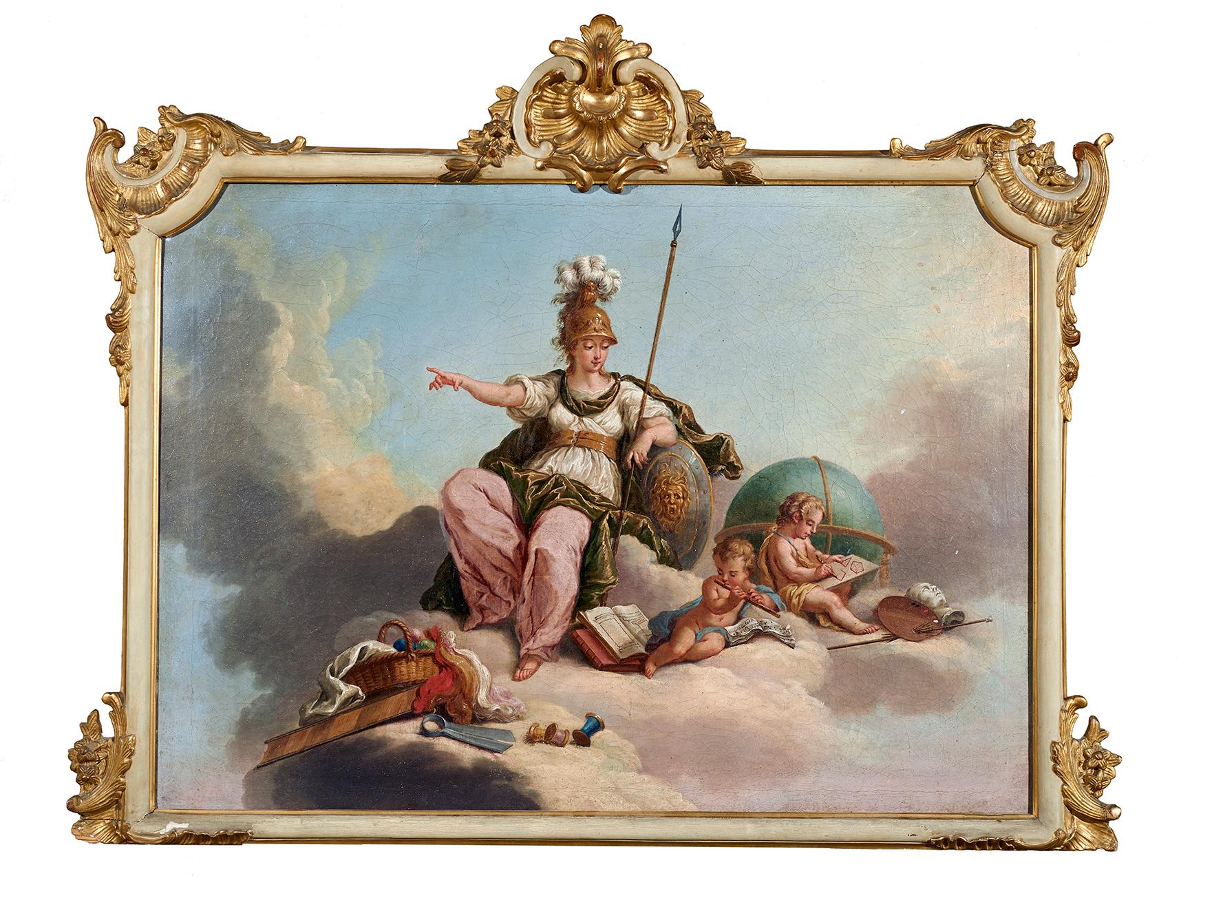 Painting oil on canvas measuring 68 x 92 cm without frame and 88 x 112 cm with frame depicting the allegory of the liberal arts painting, sculpture and music on one side with Minerva and her shield watching over a group of putti by the painter