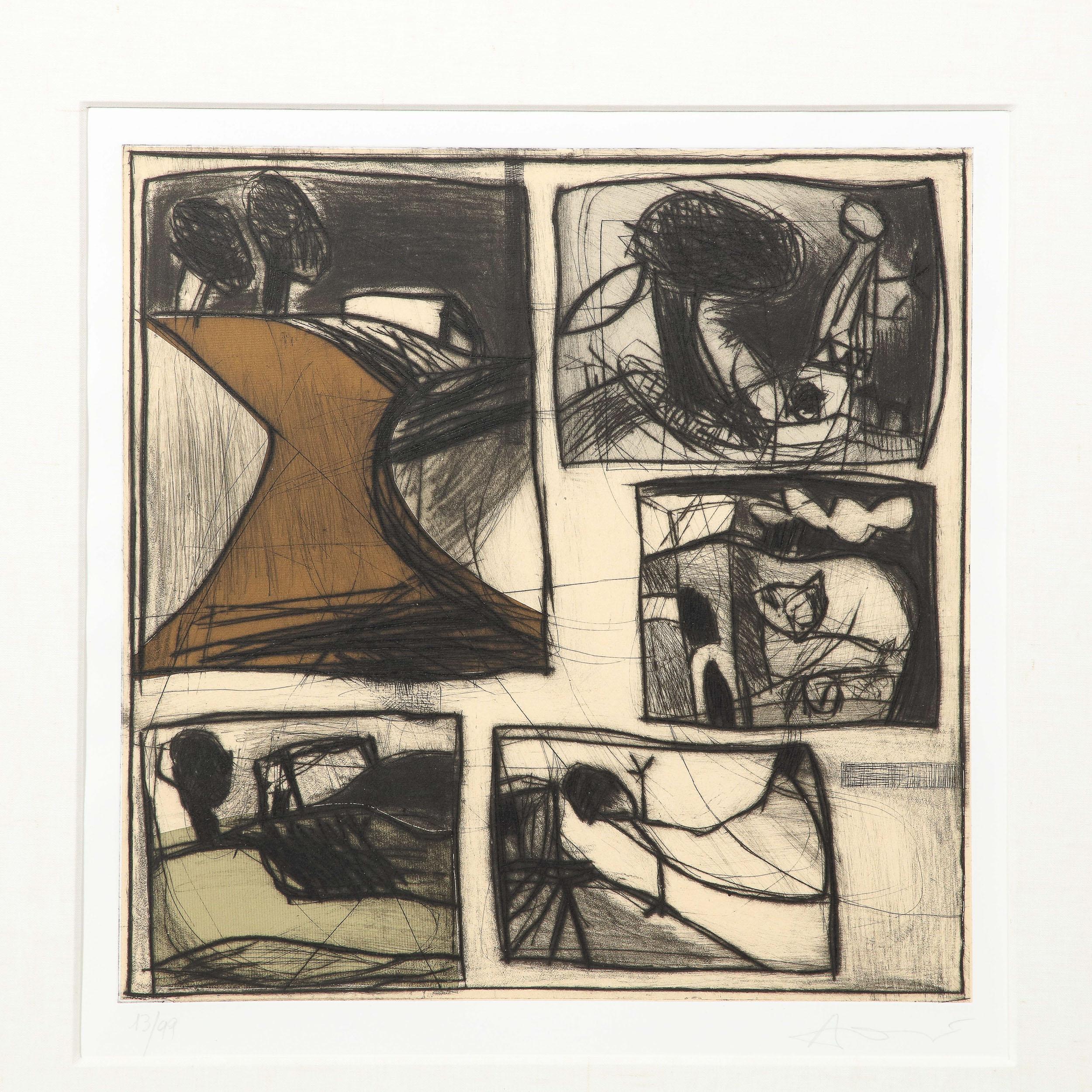 This sophisticated etching on paper was realized by the self-taught outsider artist Gianfranco Asveri (b. 1948), in the latter half of the 20th Century. Rendered in an Art Brut style, the composition offers a cluster of four rectangular planes- like
