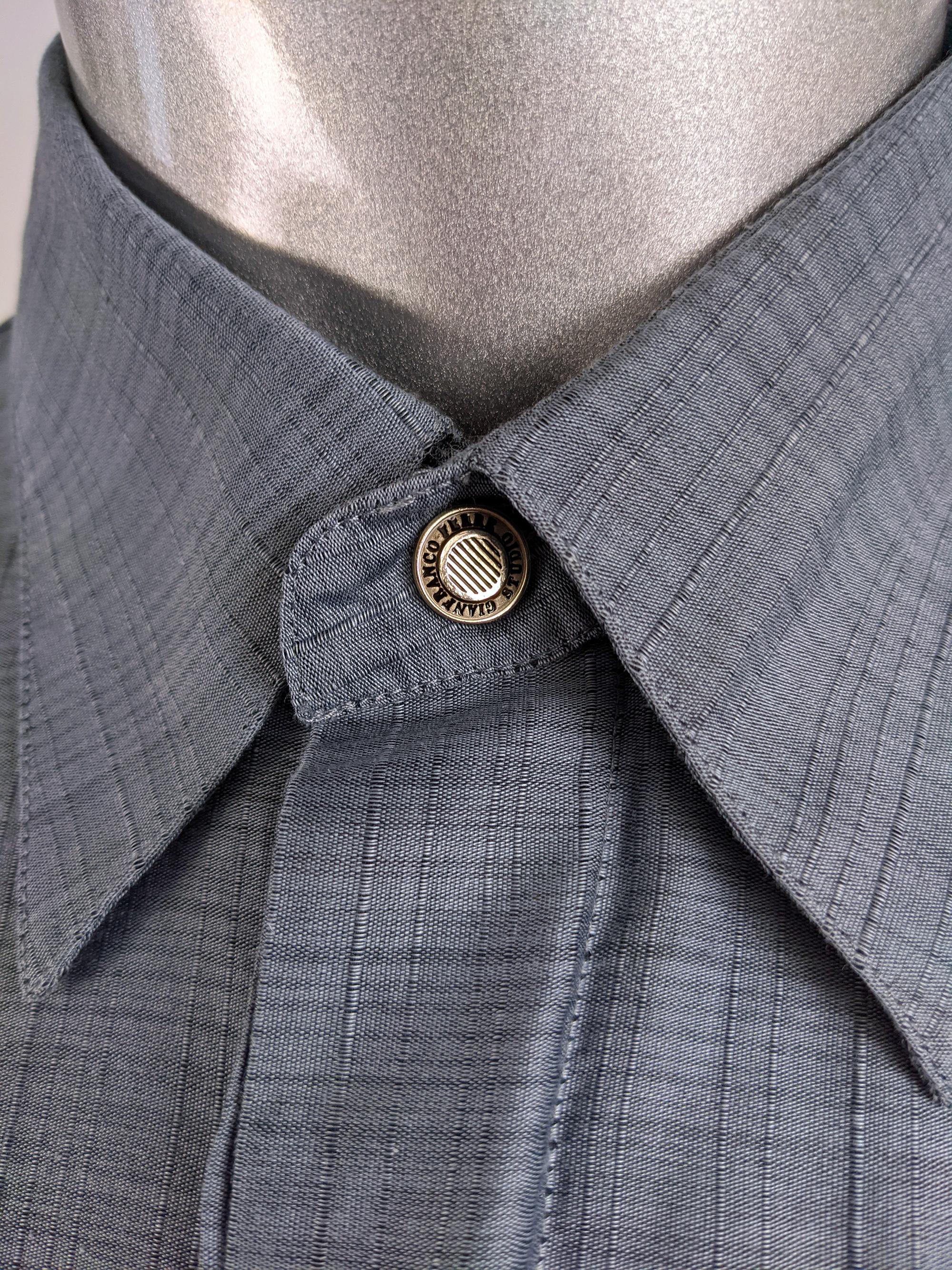 Gianfranco Ferre 1990s Formal Shirt Vintage Detachable Collar Grey Blue Shirt In Good Condition For Sale In Doncaster, South Yorkshire