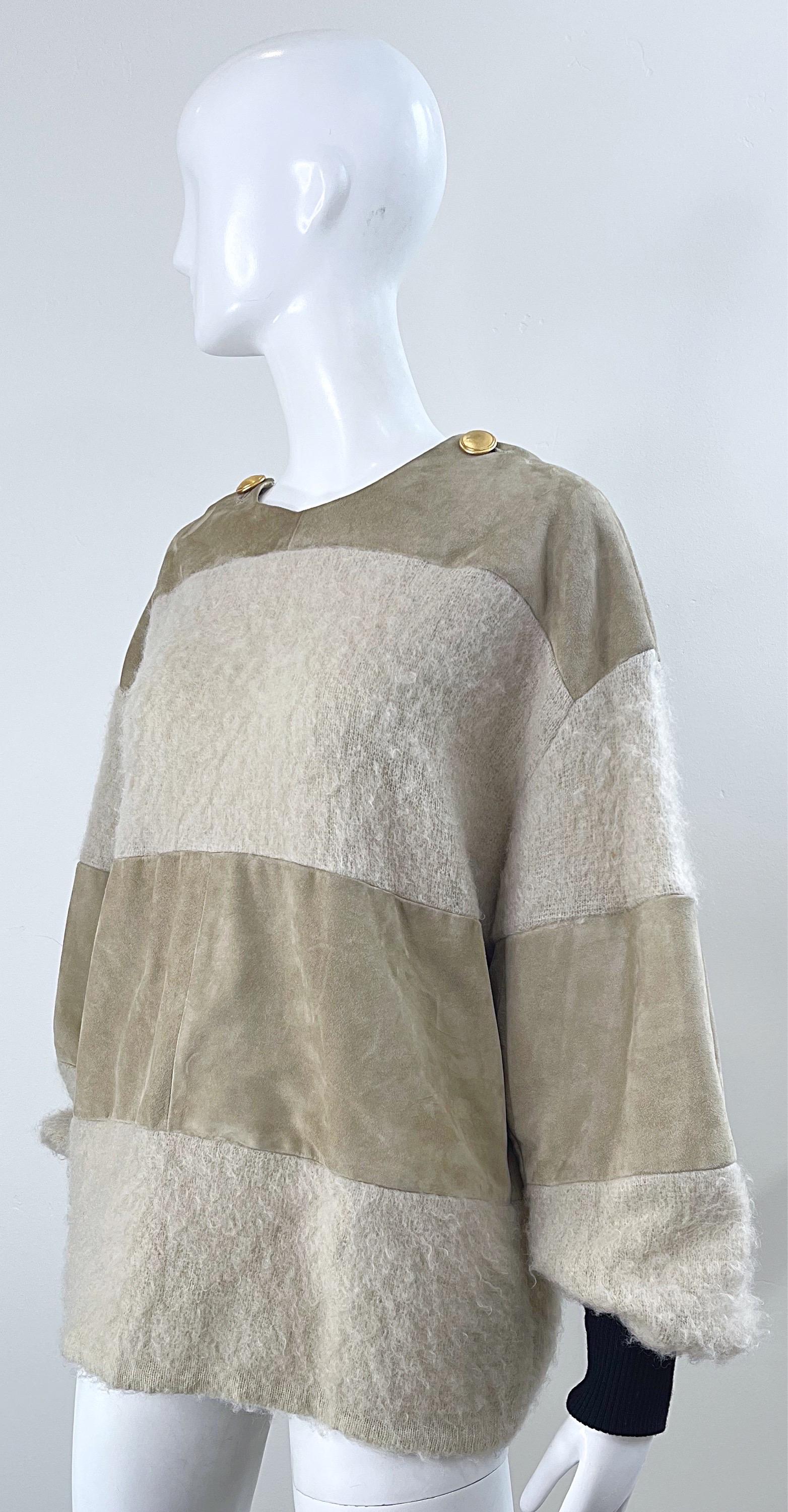 Gianfranco Ferre 1990s Leather Suede + Mohair Tan Nude Vintage 90s Sweater Top For Sale 6