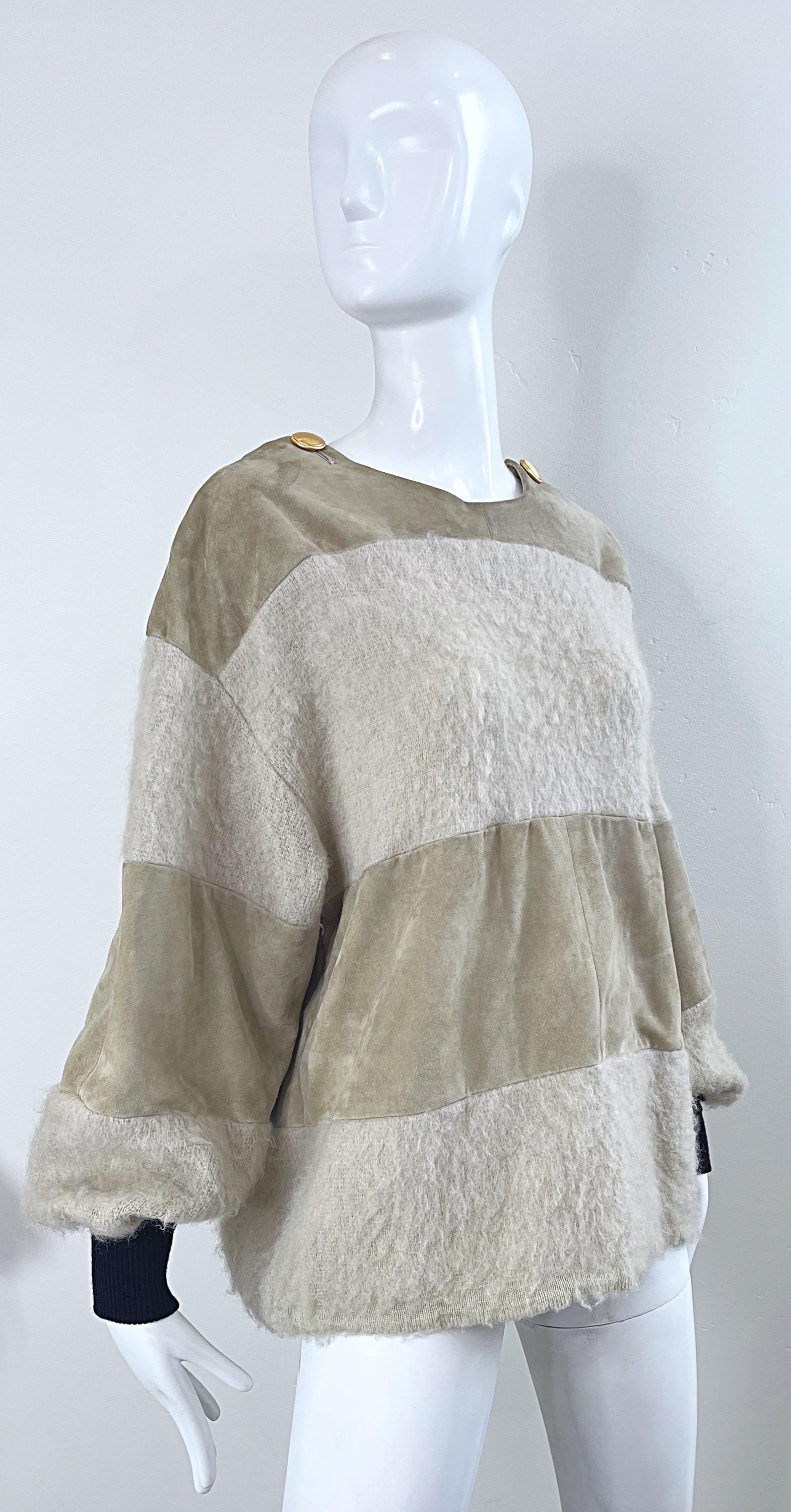 Gianfranco Ferre 1990s Leather Suede + Mohair Tan Nude Vintage 90s Sweater Top For Sale 8