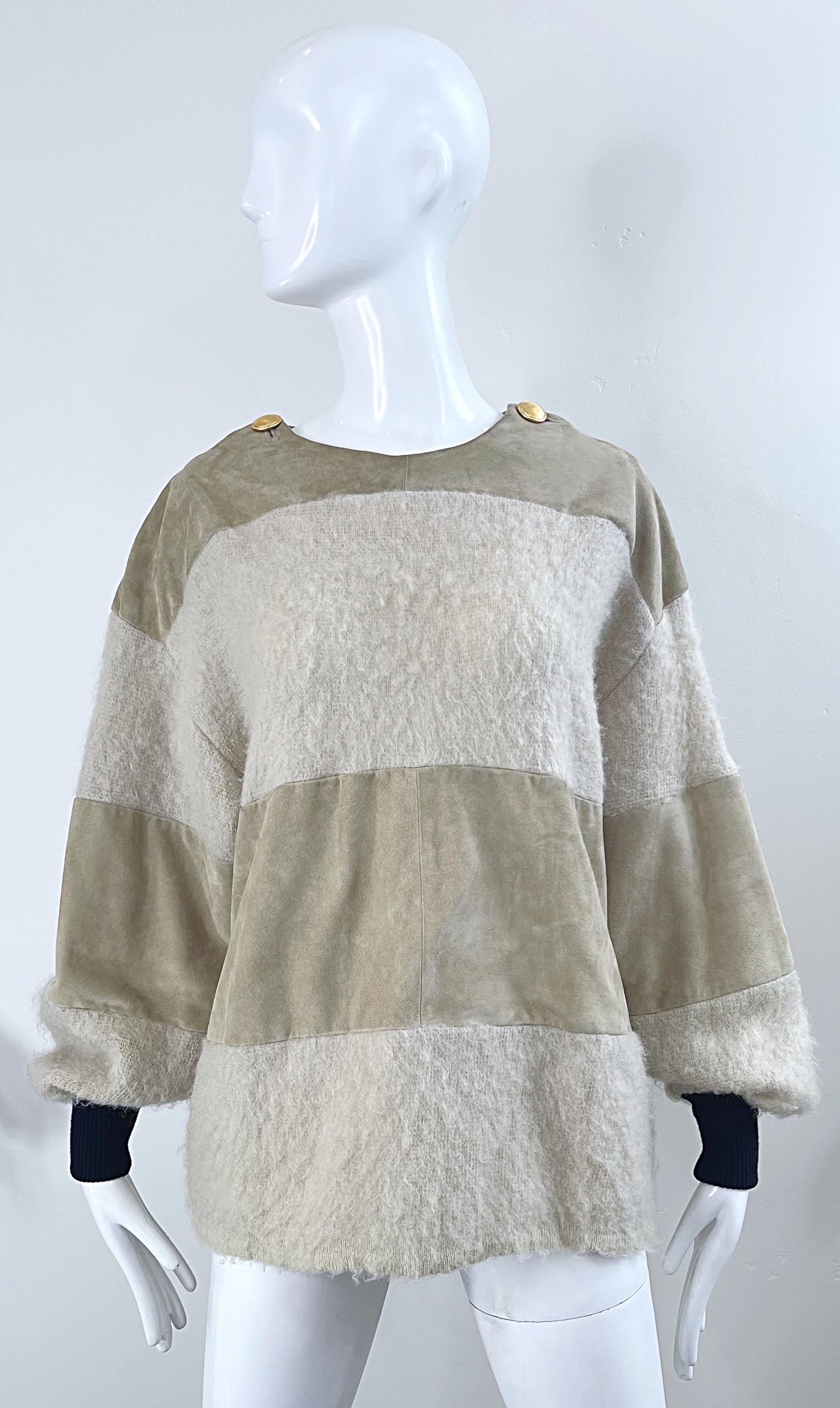 Gianfranco Ferre 1990s Leather Suede + Mohair Tan Nude Vintage 90s Sweater Top For Sale 10