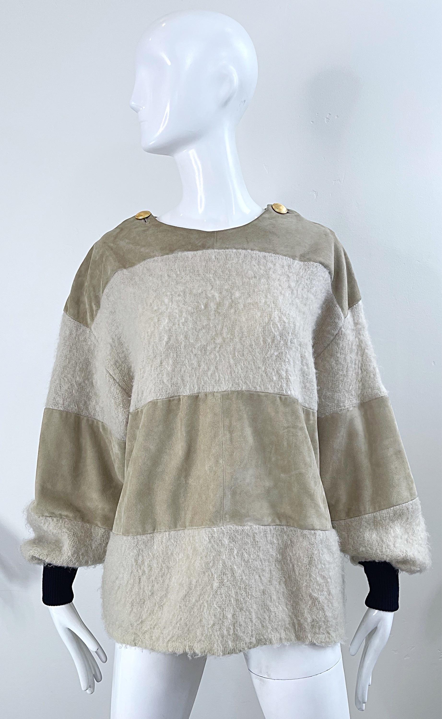 Gray Gianfranco Ferre 1990s Leather Suede + Mohair Tan Nude Vintage 90s Sweater Top For Sale
