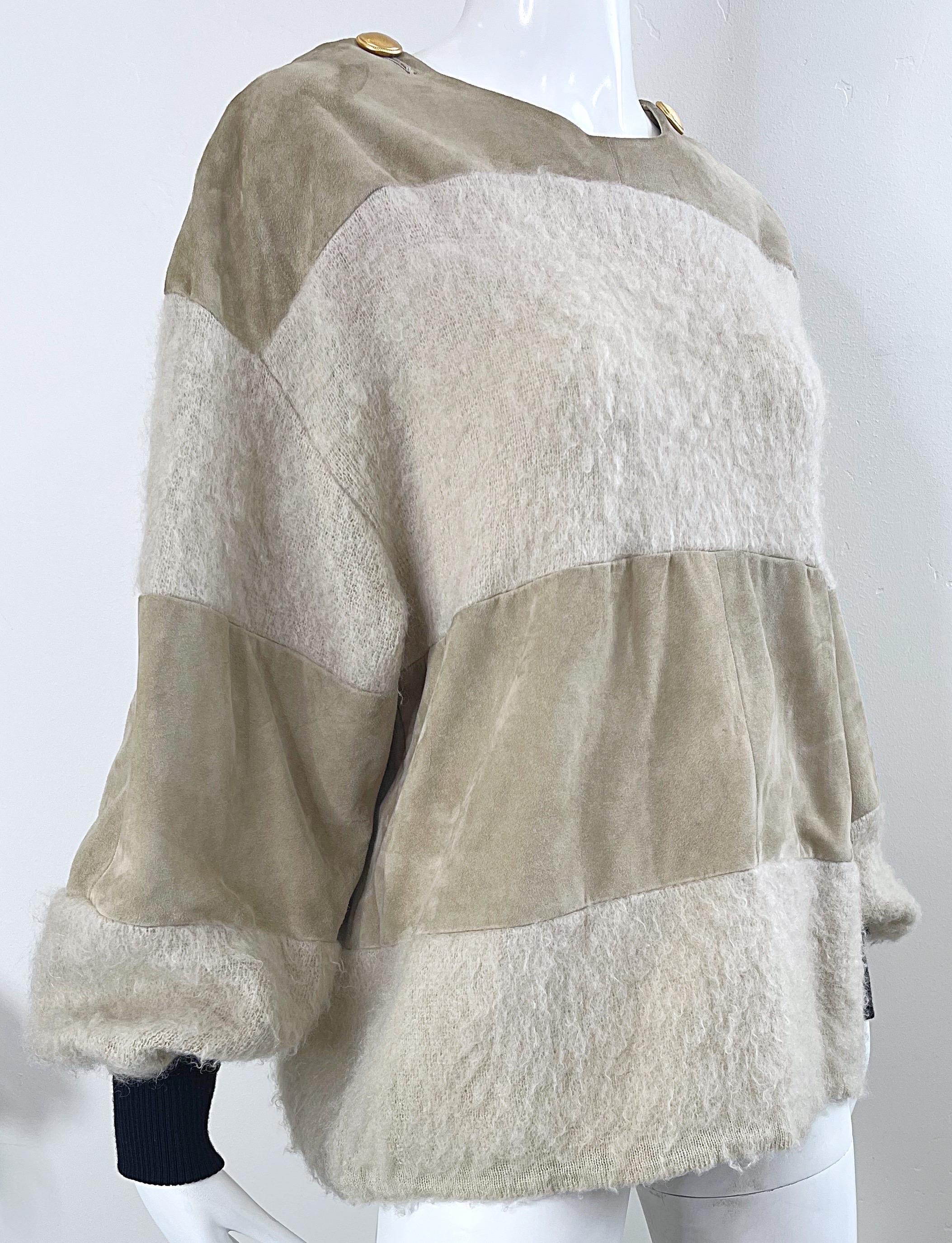 Women's Gianfranco Ferre 1990s Leather Suede + Mohair Tan Nude Vintage 90s Sweater Top For Sale