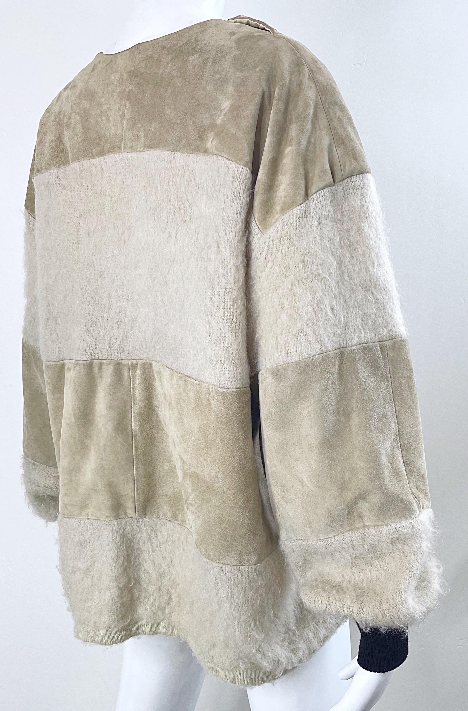 Women's Gianfranco Ferre 1990s Leather Suede + Mohair Tan Nude Vintage 90s Sweater Top For Sale