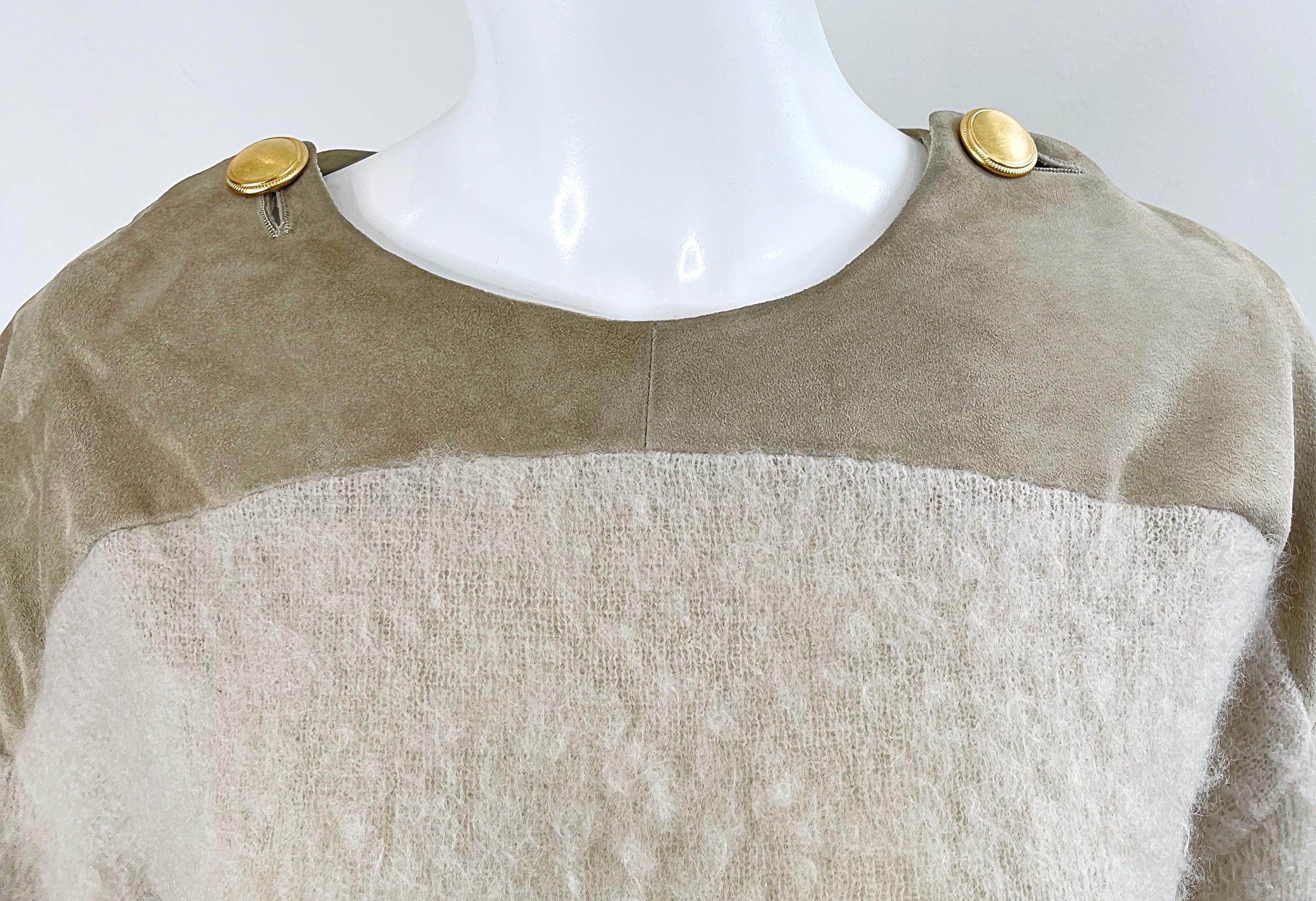 Gianfranco Ferre 1990s Leather Suede + Mohair Tan Nude Vintage 90s Sweater Top For Sale 2