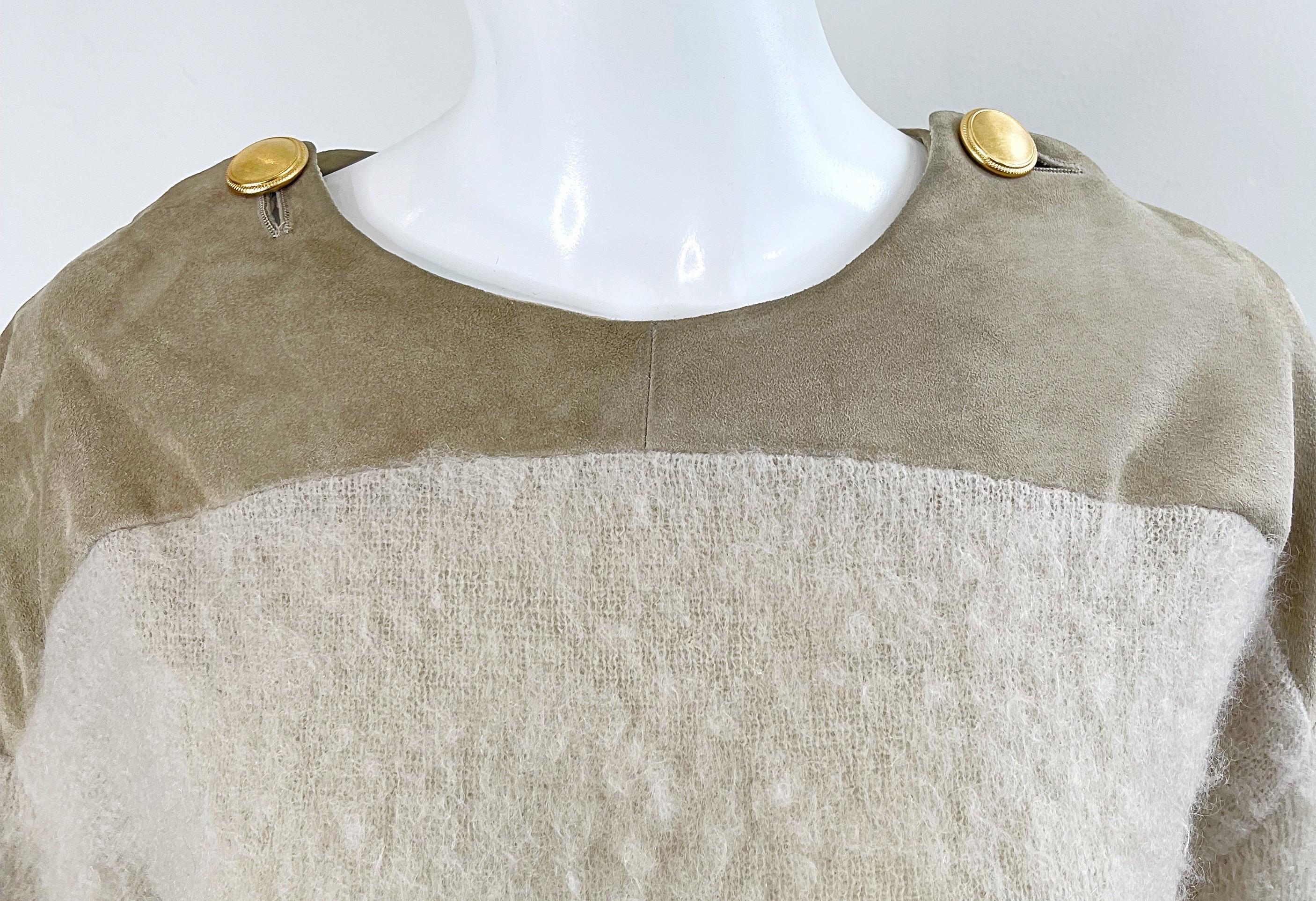 Gianfranco Ferre 1990s Leather Suede + Mohair Tan Nude Vintage 90s Sweater Top For Sale 1