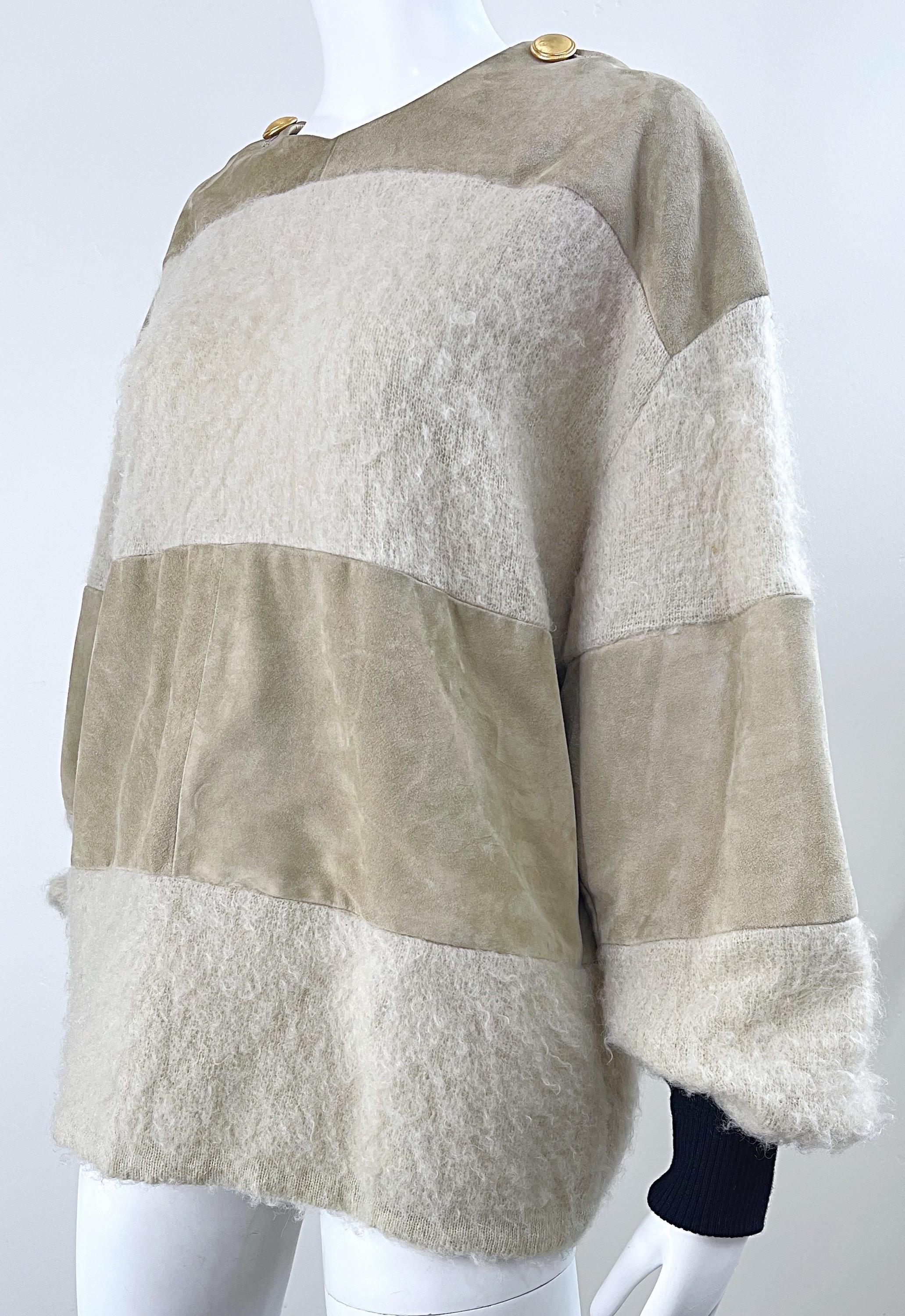 Gianfranco Ferre 1990s Leather Suede + Mohair Tan Nude Vintage 90s Sweater Top For Sale 3