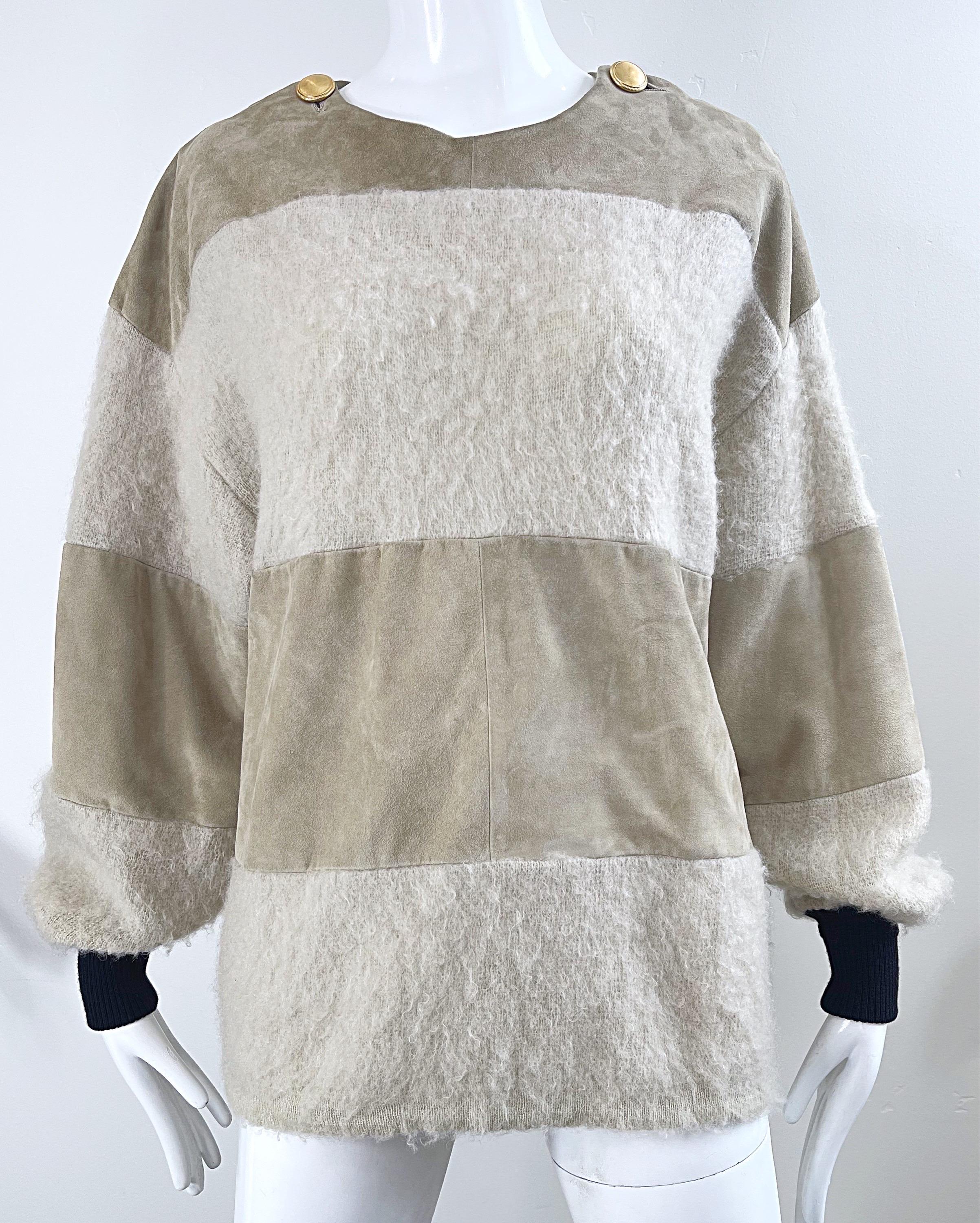 Gianfranco Ferre 1990s Leather Suede + Mohair Tan Nude Vintage 90s Sweater Top For Sale 5