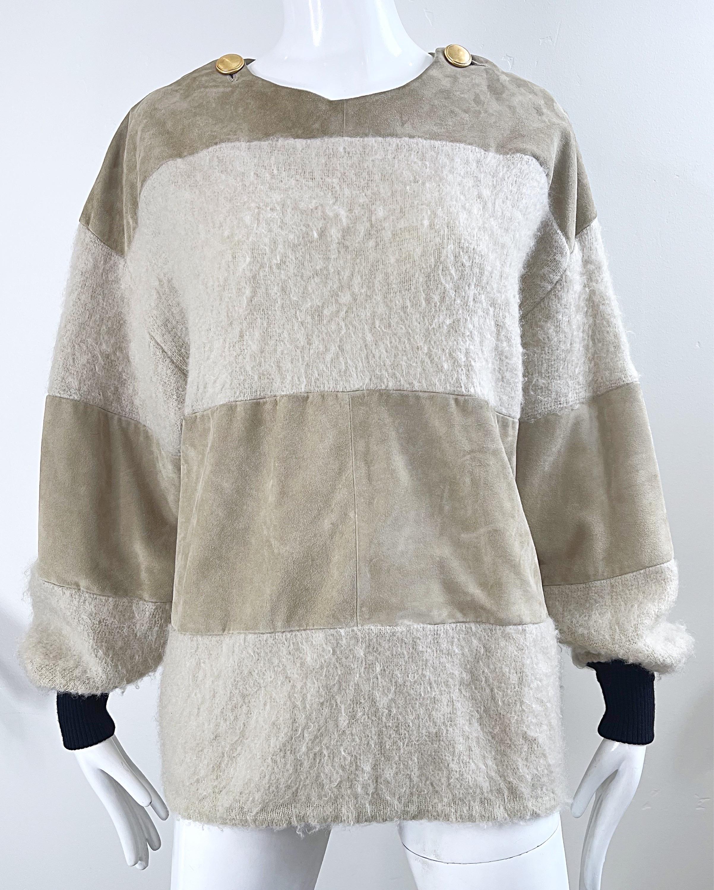 Gianfranco Ferre 1990s Leather Suede + Mohair Tan Nude Vintage 90s Sweater Top For Sale 4