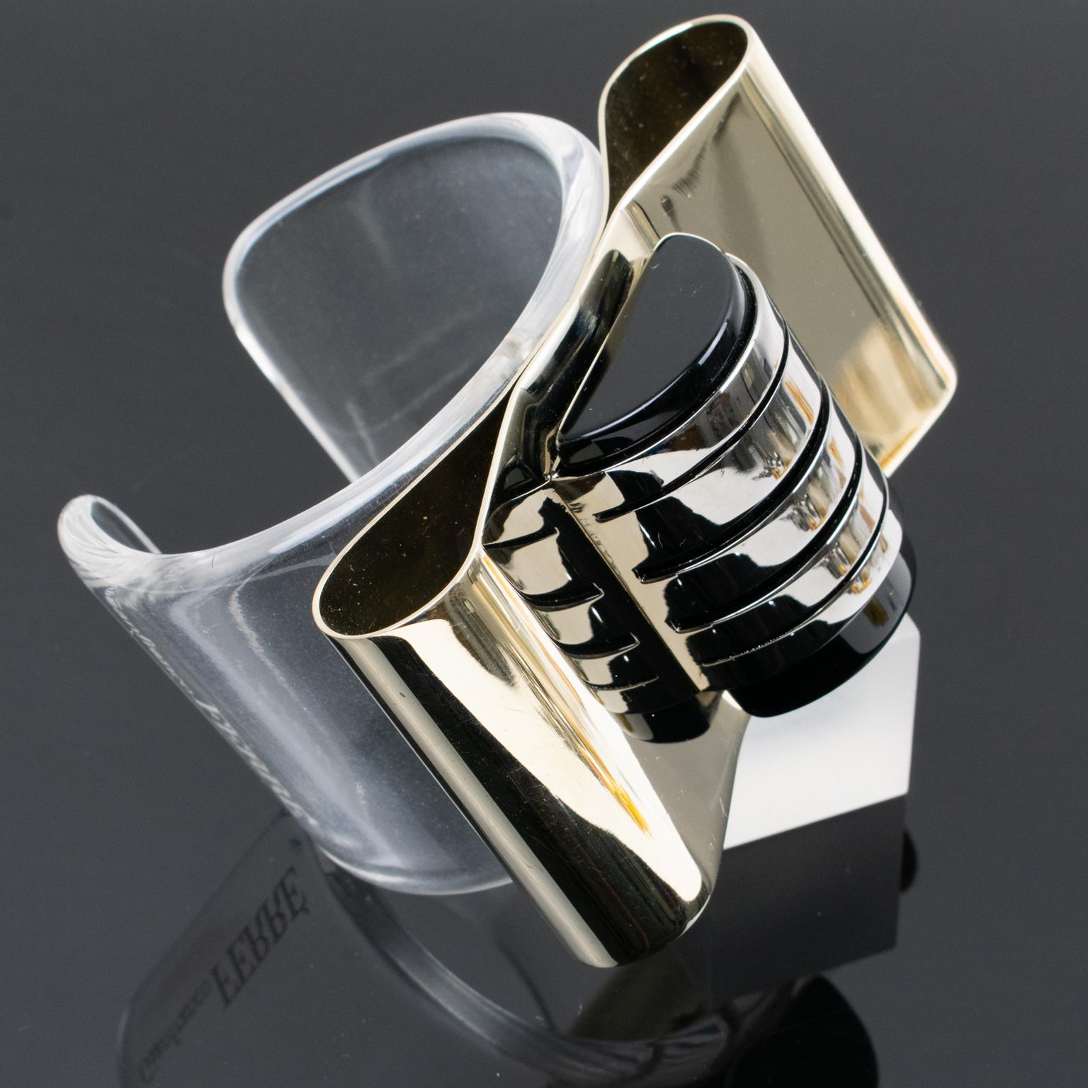Gianfranco Ferre Art Deco Inspired Lucite and Metal Cuff Bracelet In Excellent Condition For Sale In Atlanta, GA