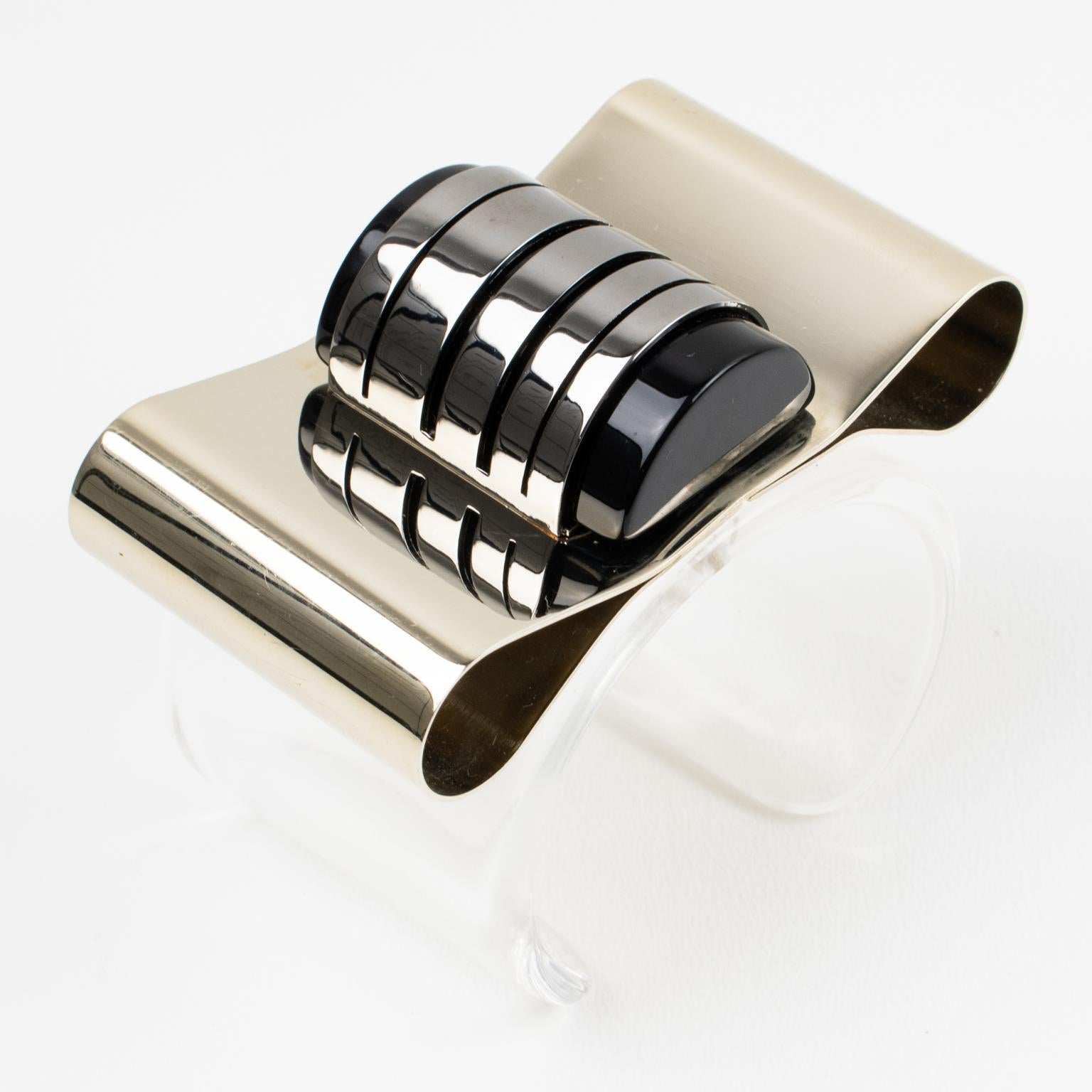 Women's or Men's Gianfranco Ferre Art Deco Inspired Lucite and Metal Cuff Bracelet For Sale