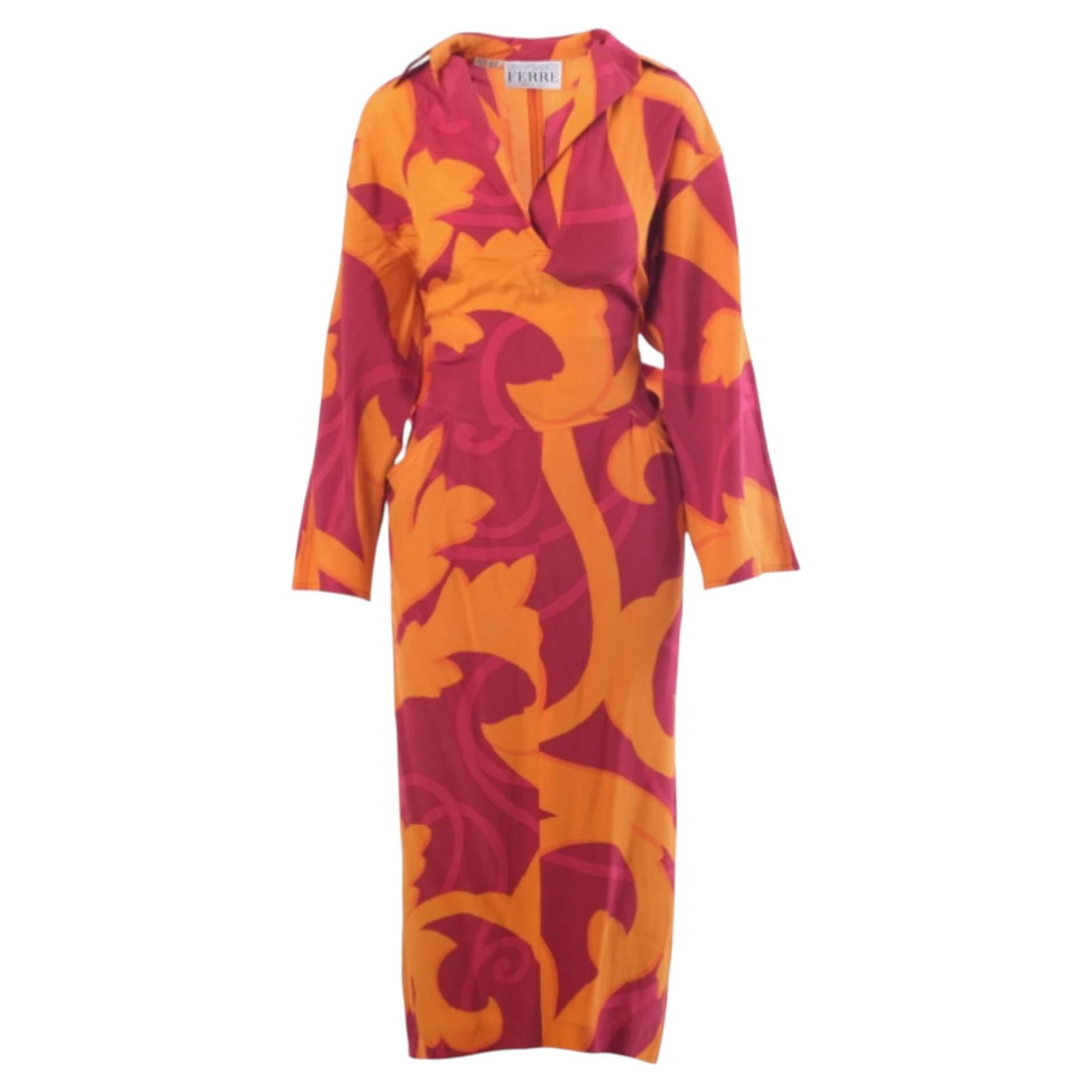 Gianfranco Ferré Baroque Print Silk Dress with Oversized Bow – '80s For Sale