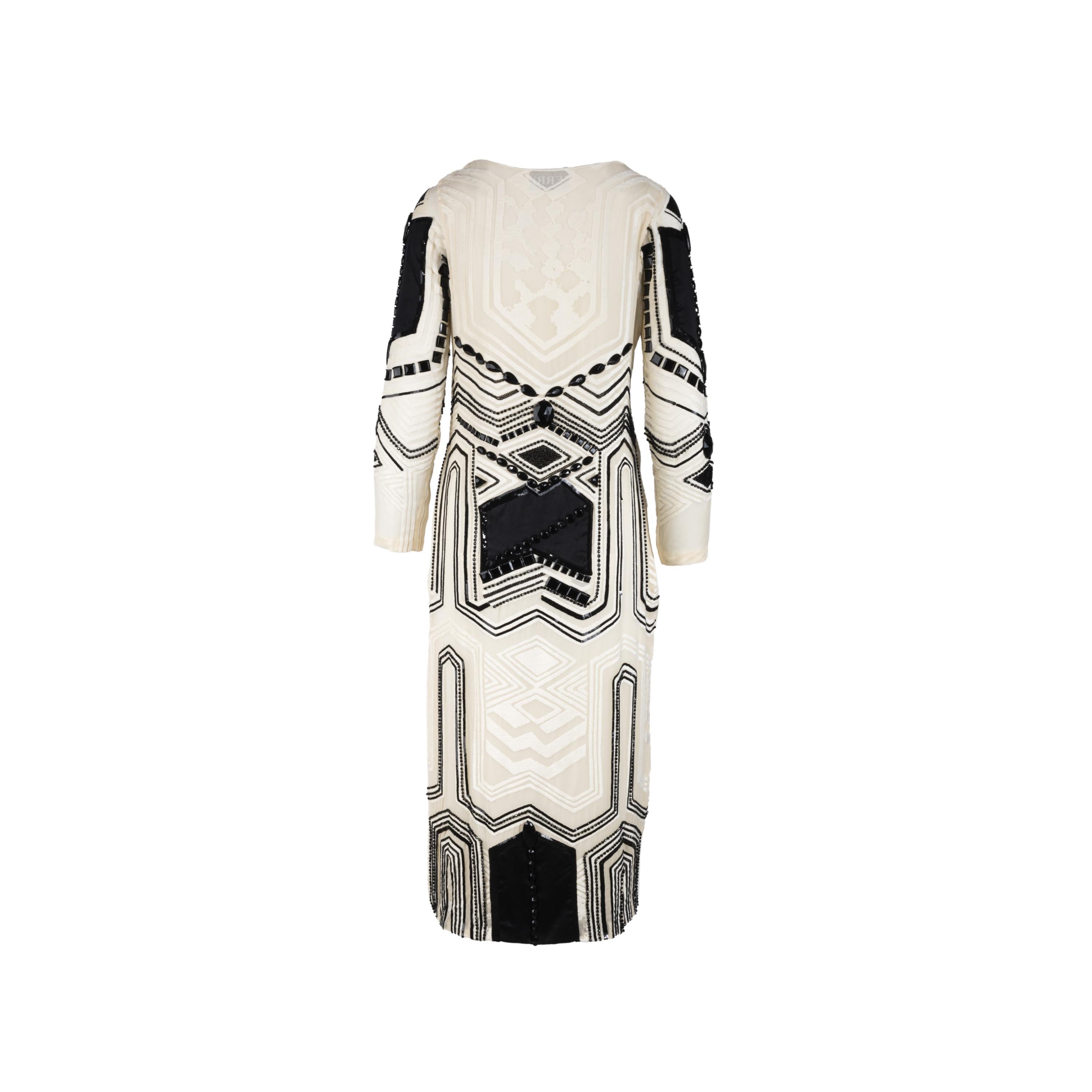 Gianfranco Ferré '90s cream coloured silk dress, embellished with geometric embroideries and faceted synthetic crystals of different shapes and black sequins. Midi length with three-quarter sleeves and deep neckline.