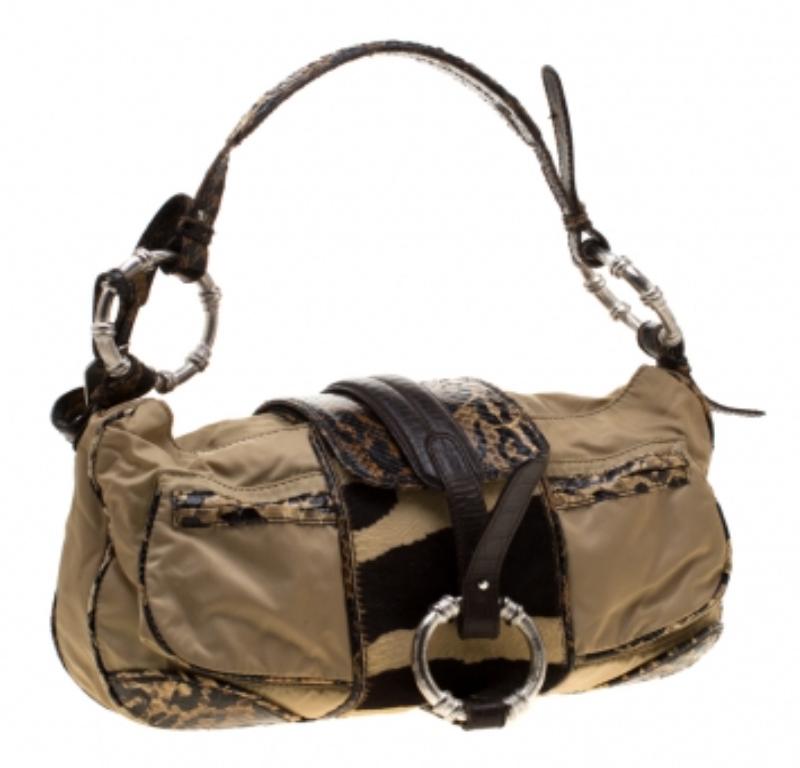 Gianfranco Ferre Sacoche en nylon/python et poils de veau beige/marron Pour femmes en vente