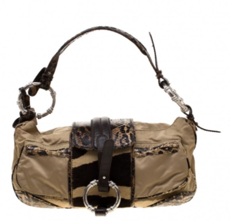 Gianfranco Ferre Sacoche en nylon/python et poils de veau beige/marron en vente 2