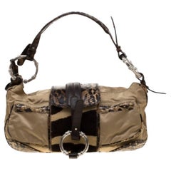 Gianfranco Ferre Beige/Brown Nylon/Python and Calfhair Satchel
