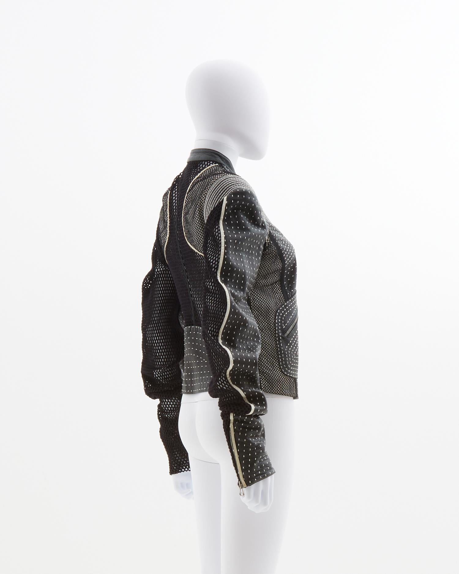 Gianfranco Ferrè Black back netted motorcycle leather jacket, early 2000s For Sale 1