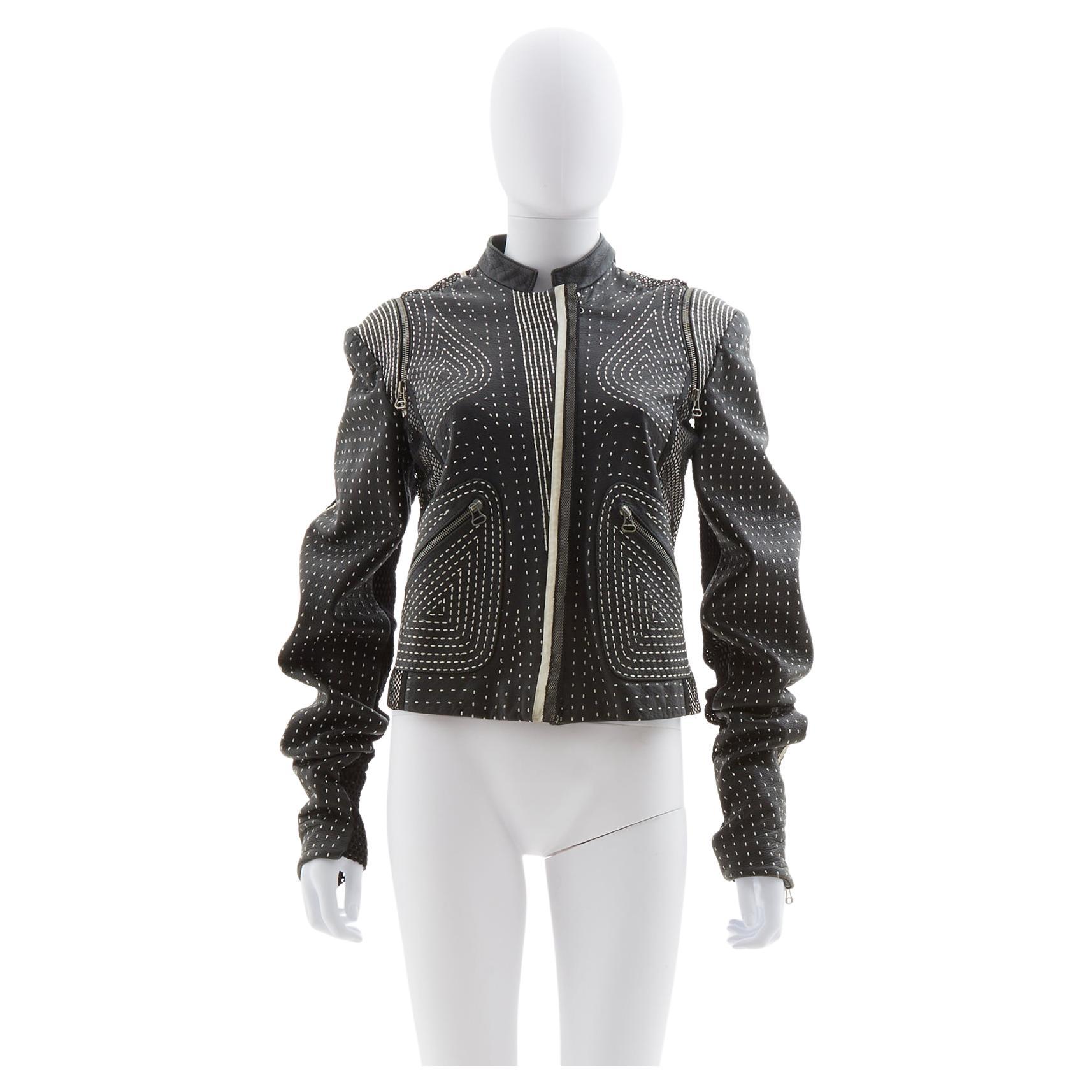 Gianfranco Ferrè Black back netted motorcycle leather jacket, early 2000s For Sale