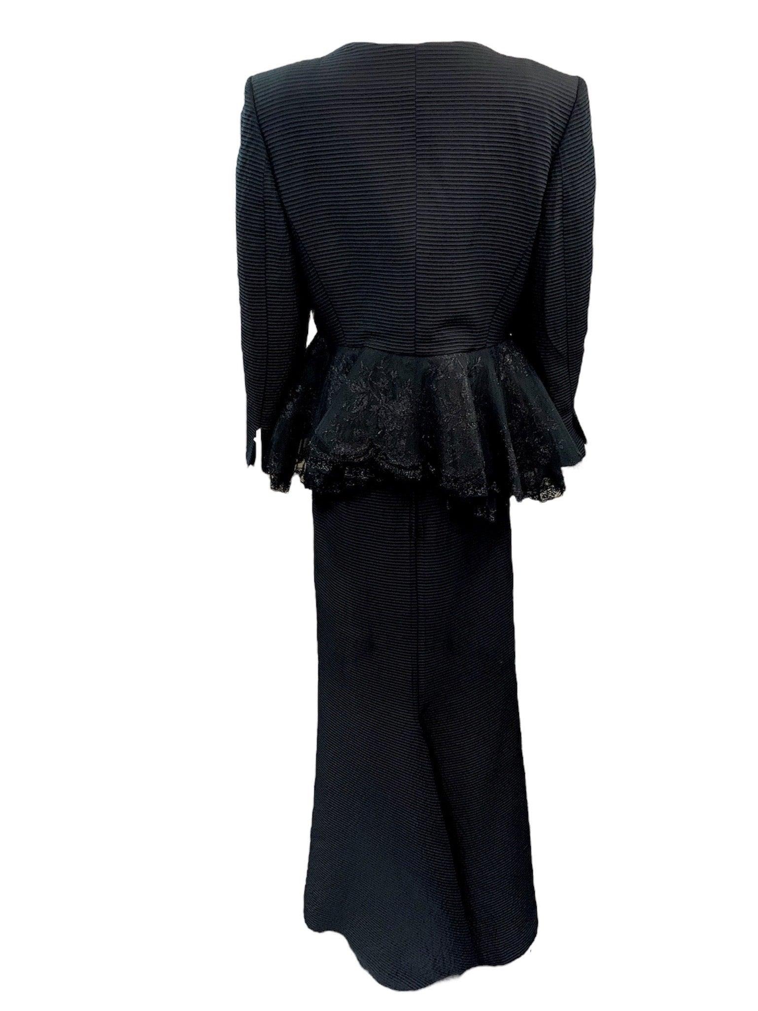 Gianfranco Ferre Black Evening Ensemble with Lace Peplum, 1980s In Excellent Condition For Sale In Los Angeles, CA