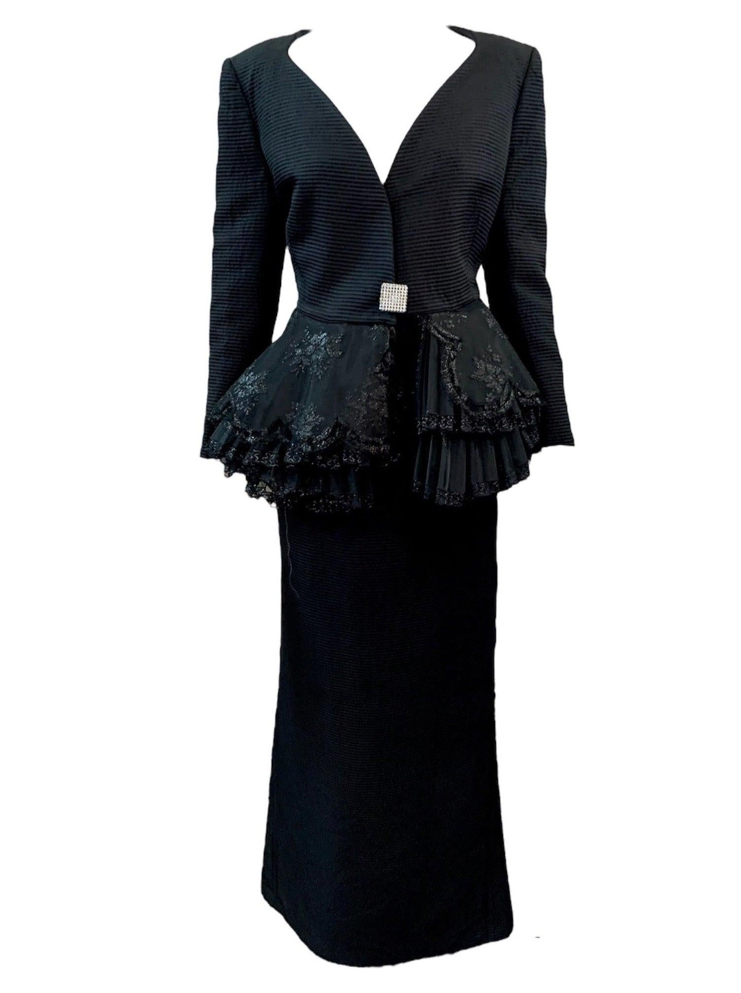 Gianfranco Ferre Black Evening Ensemble with Lace Peplum, 1980s For Sale
