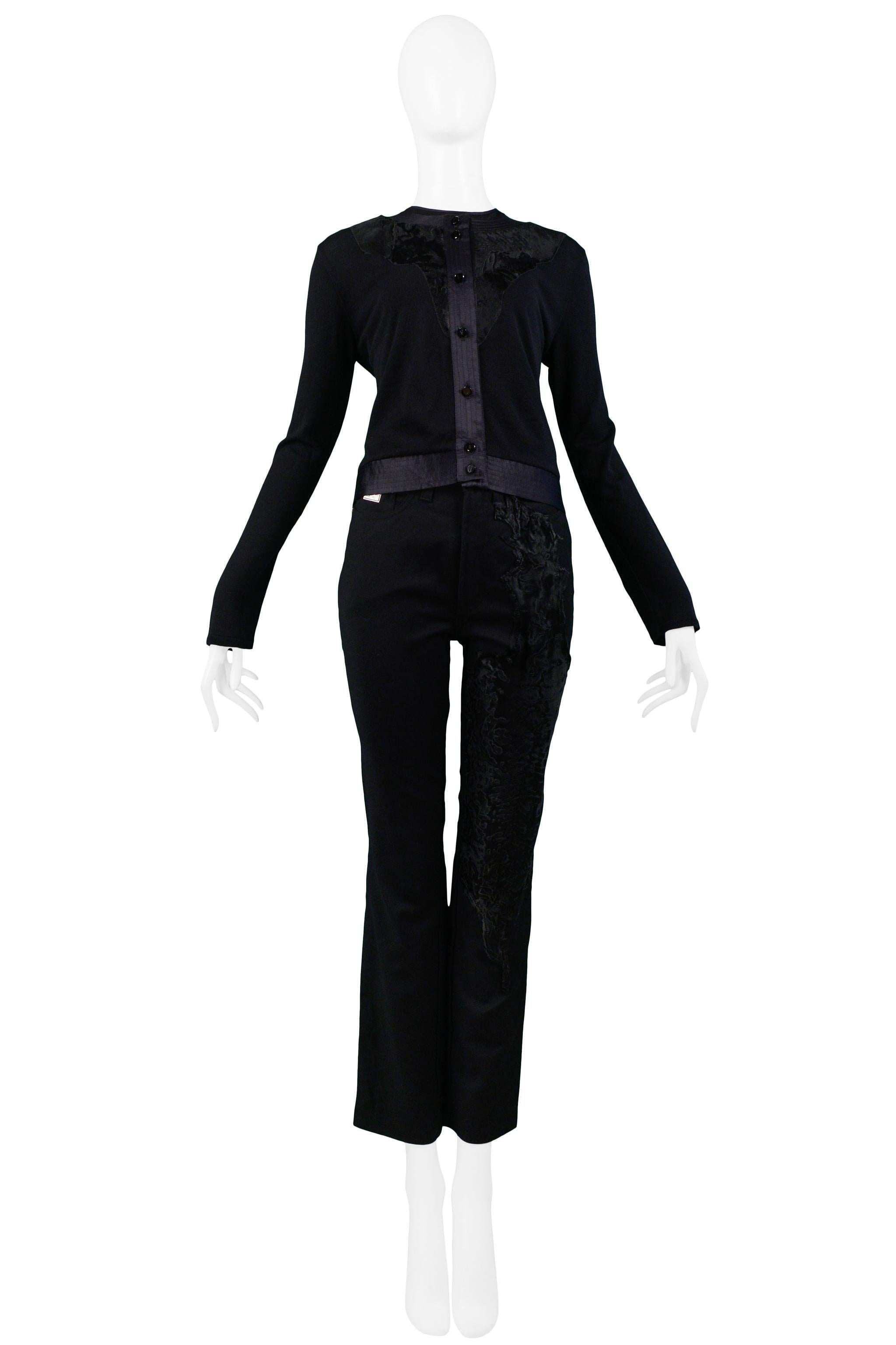 Resurrection Vintage is excited to offer a vintage Gianfranco Ferre black twin-set featuring a black knit cardigan with satin trim, and a matching black knit sleeveless shell top with satin trim. The pants feature a classic five-pocket jeans body