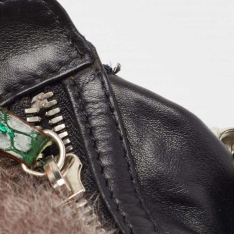 Women's Gianfranco Ferre Black/Green Rabbit Fur, Croc and Leather Zip Hobo For Sale